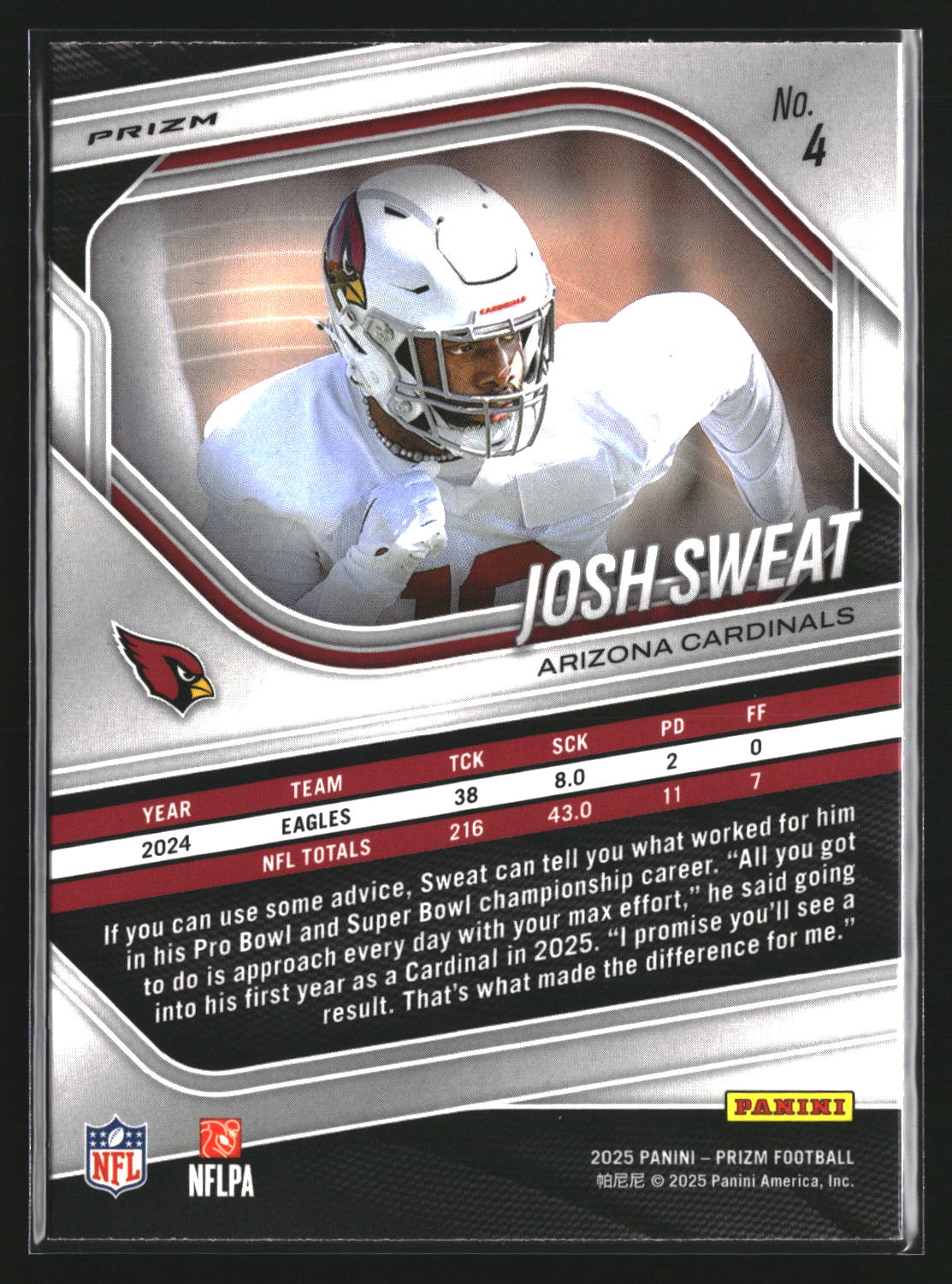 Josh Sweat 2025 Panini Prizm 4 Pink Arizona Cardinals