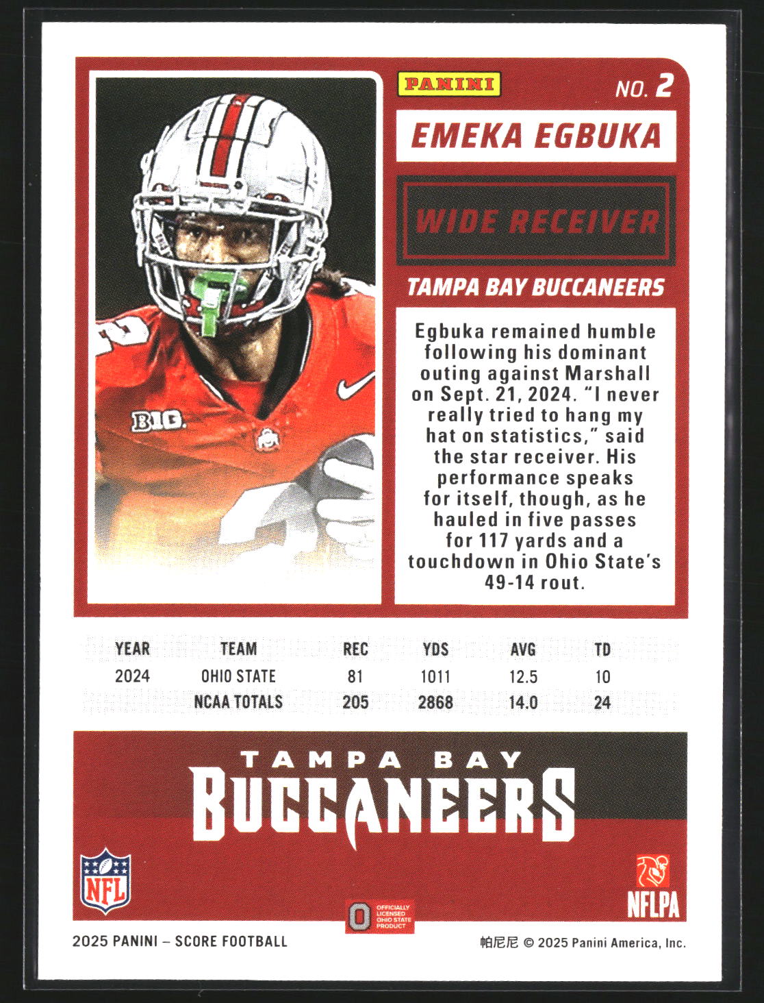 Emeka Egbuka 2025 Score-A-Treat 2 RC RC Tampa Bay Buccaneers