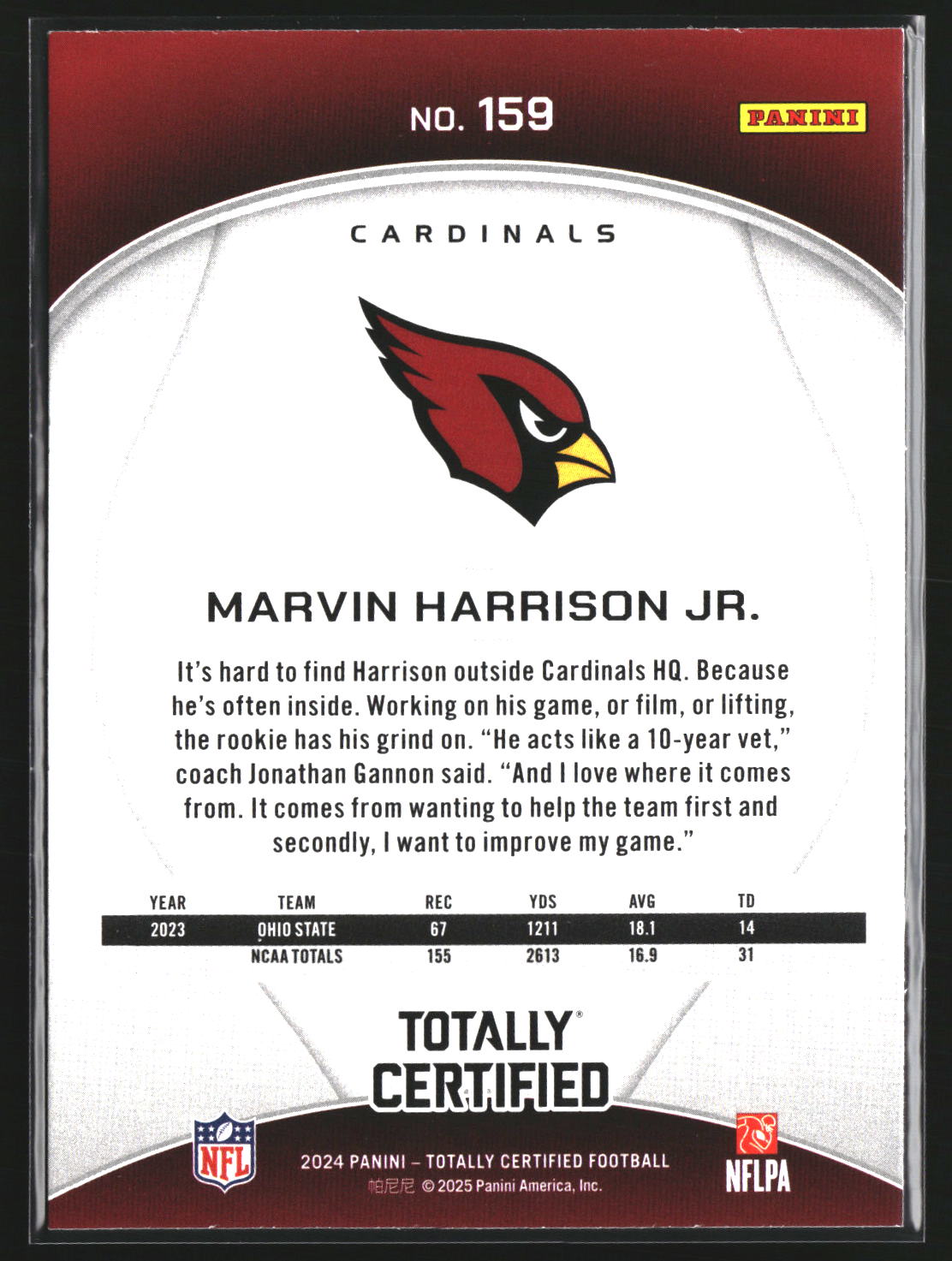 Marvin Harrison Jr. 2024 Panini Totally Certified 159 RC RC Arizona Cardinals