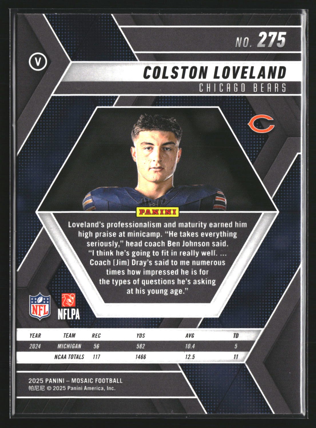 Colston Loveland 2025 Panini Mosaic 275 RC RC Chicago Bears
