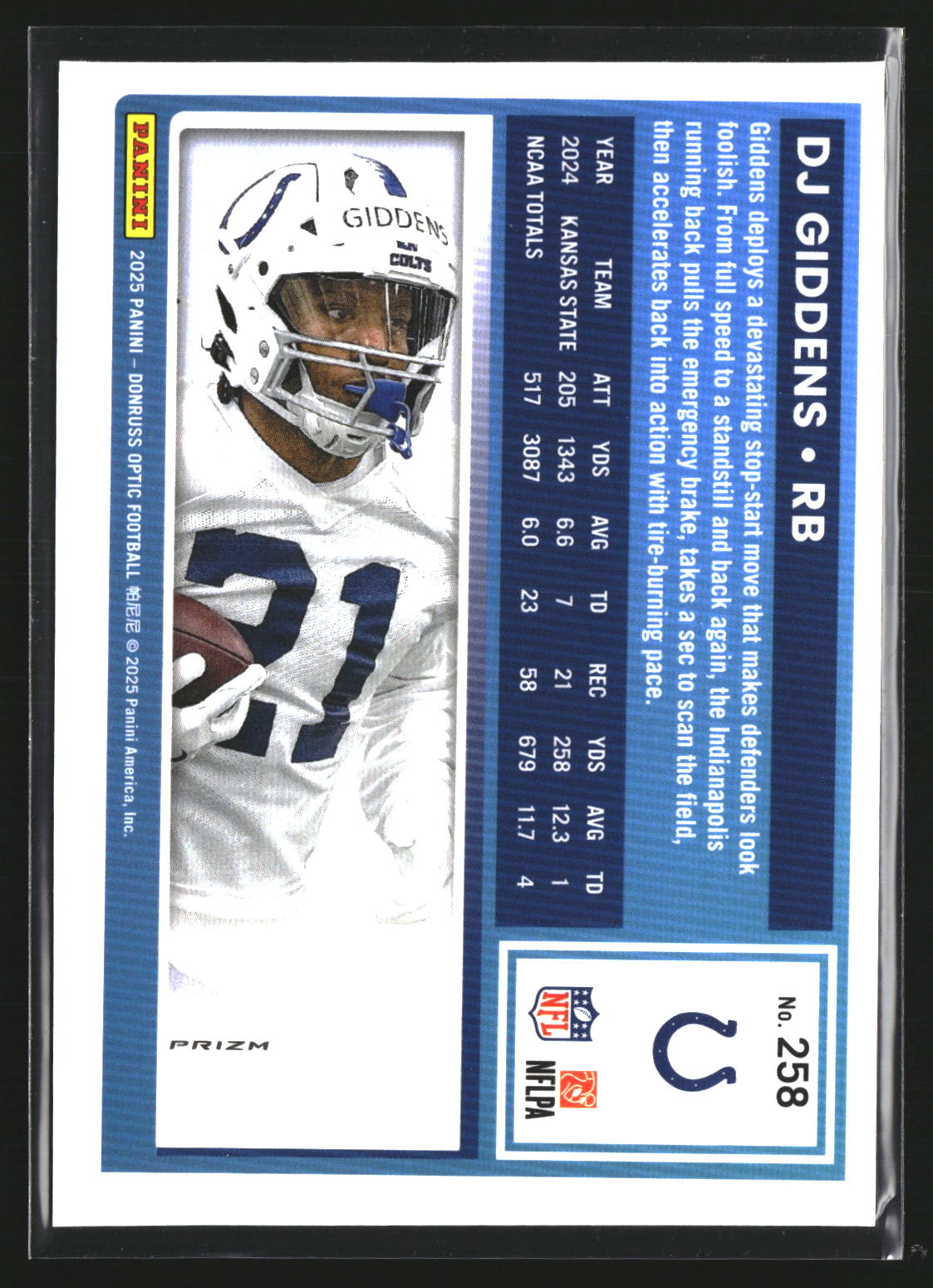 DJ Giddens 2025 Donruss Optic 258 Purple Shock RC RC Indianapolis Colts