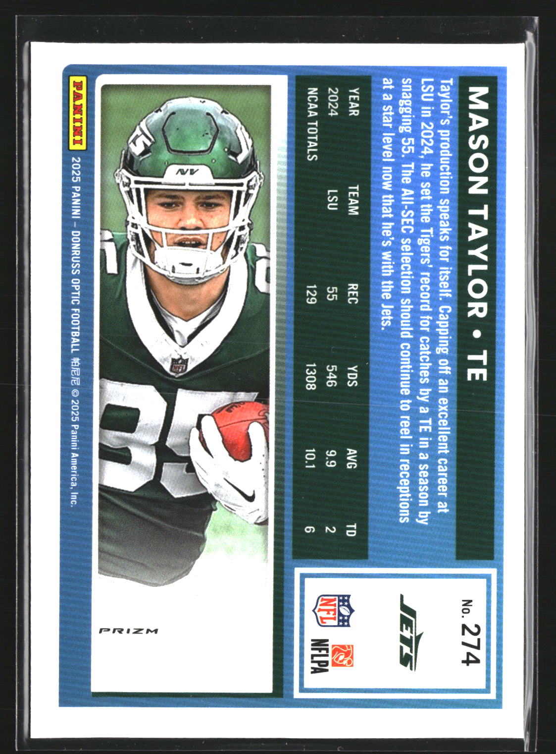 Mason Taylor 2025 Donruss Optic 274 Purple Shock RC RC New York Jets