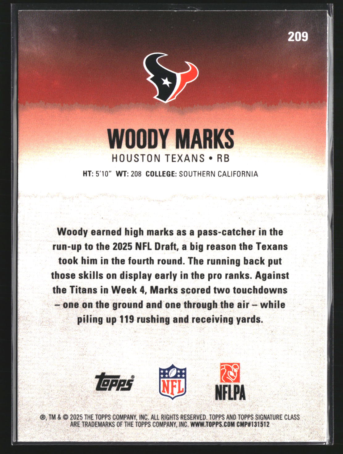 Woody Marks 2025 Topps Signature Class 209 Green & Purple RC RC Houston Texans