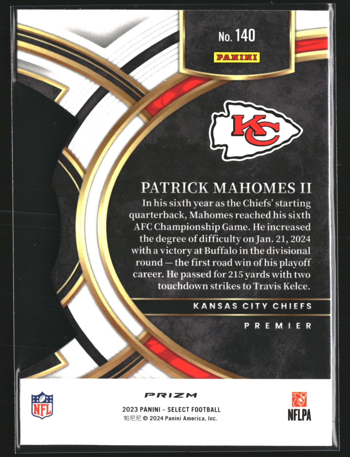 Patrick Mahomes II 2023 Panini Select 140 Black and Gold Prizms Die Cuts Chiefs