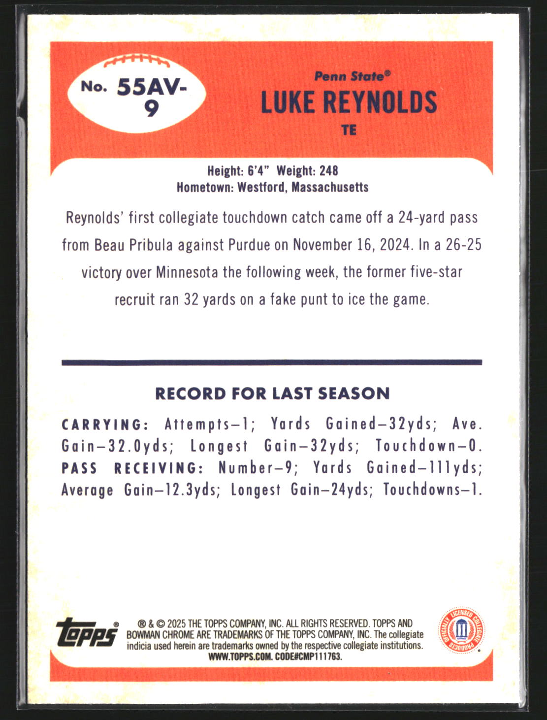 Luke Reynolds 2025 Bowman University Chrome 55AV-9 1955 Bowman Football Lions