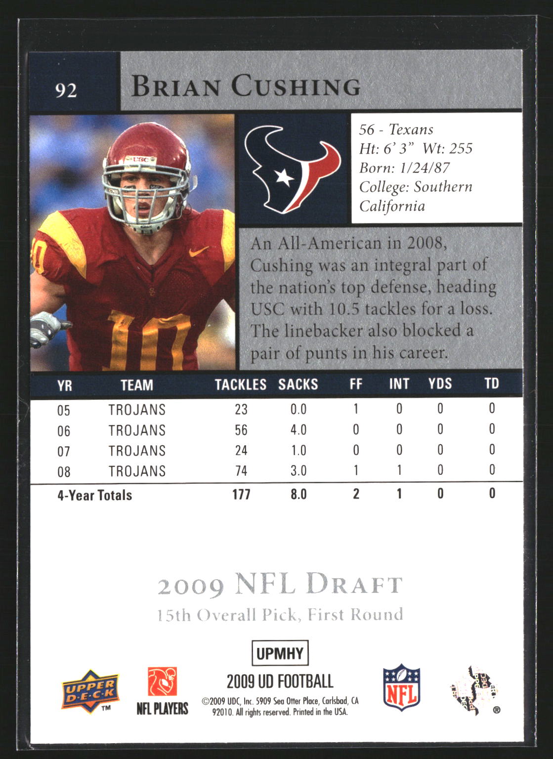Brian Cushing 2009 Upper Deck Rookie Exclusives 92 Houston Texans