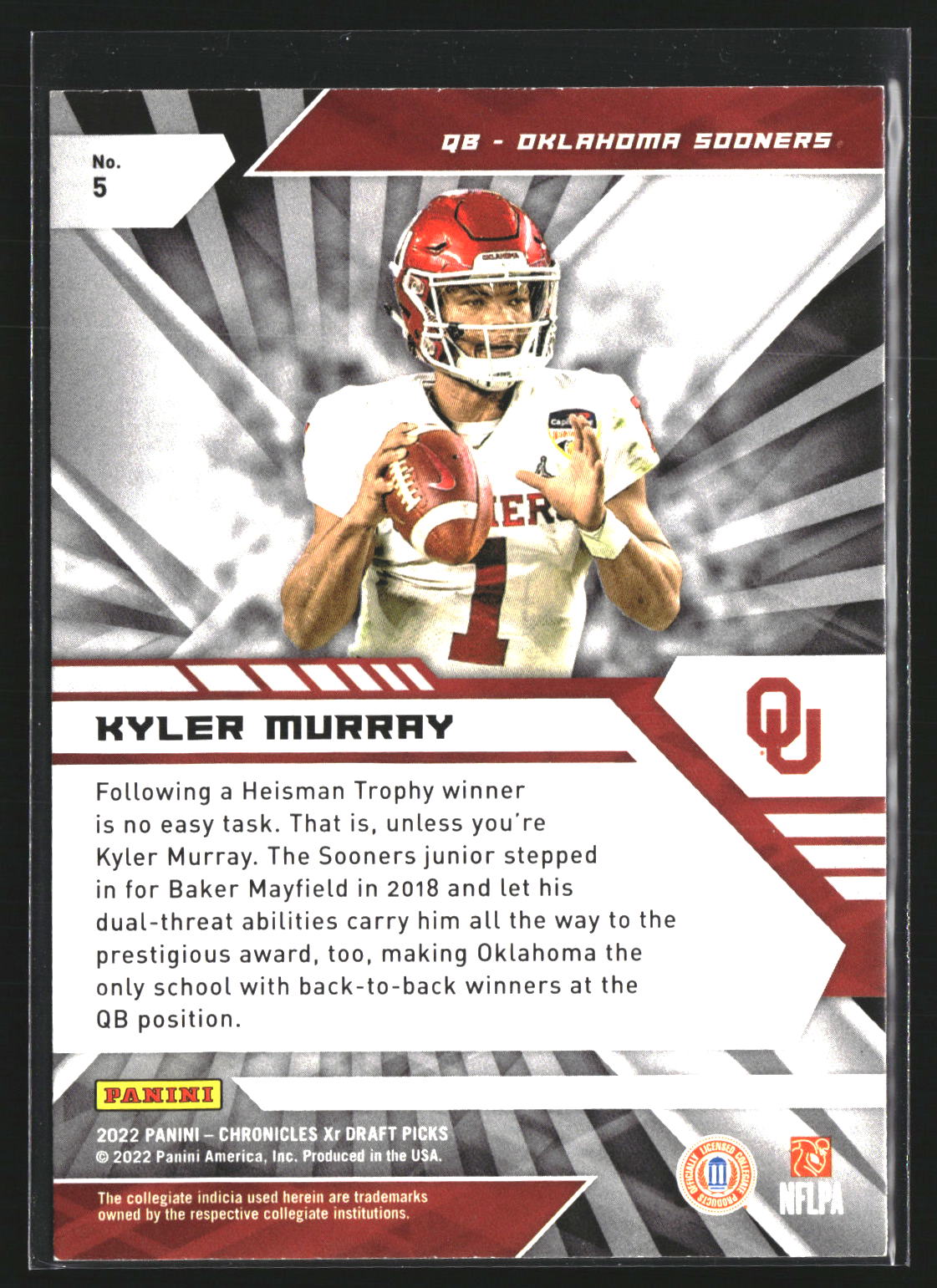 Kyler Murray 2022 Panini Chronicles Draft Picks 5 XR Oklahoma Sooners