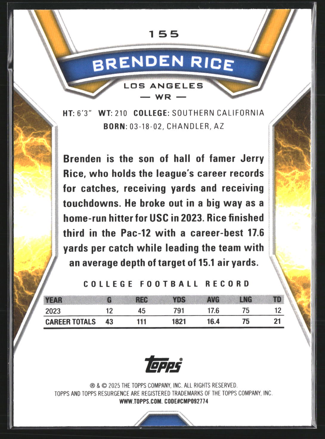 Brenden Rice 2024 Topps Resurgence 155 RC RC Los Angeles Chargers