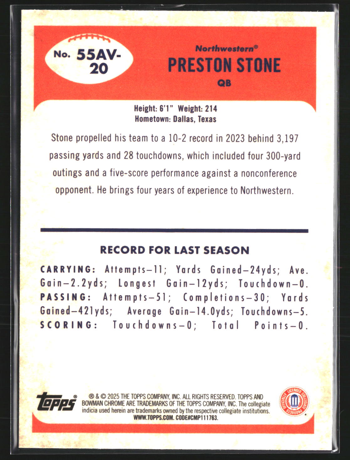 Preston Stone 2025 Bowman Chrome 55AV-20 1955 Bowman Football NW Wildcats