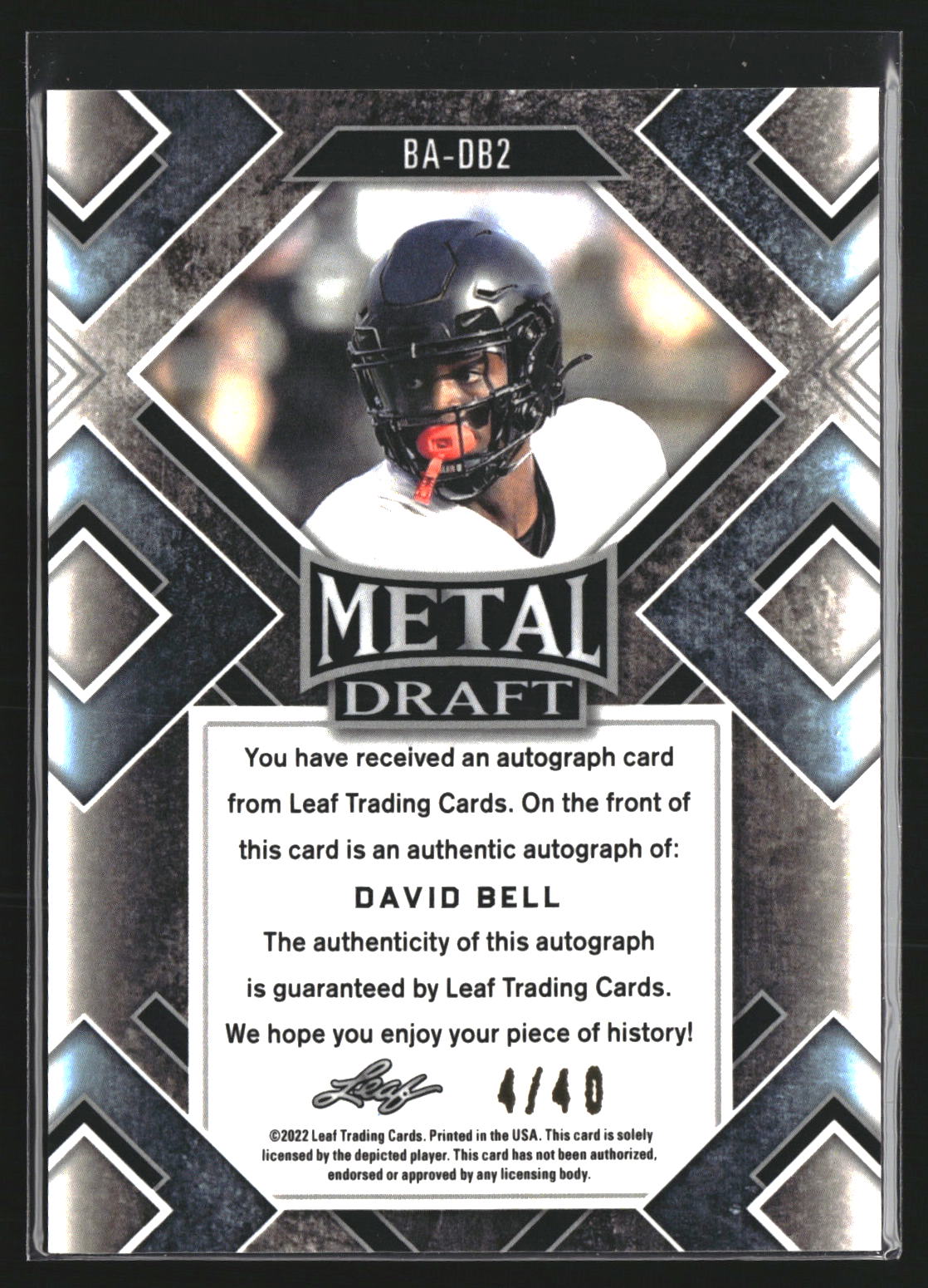 David Bell 2022 Leaf Metal Draft BA-DB2 SN, AU AU Purdue Boilermakers