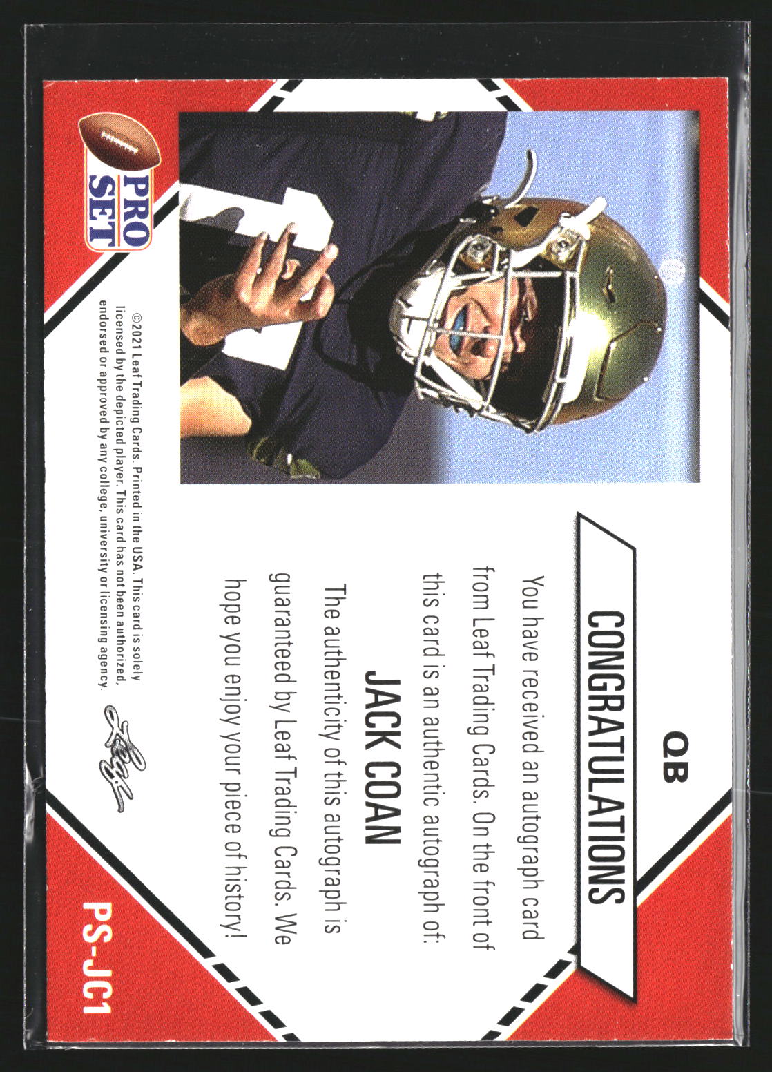 Jack Coan 2021 Pro Set College Football PS-JC1 Autographs Gold AU Fighting Irish