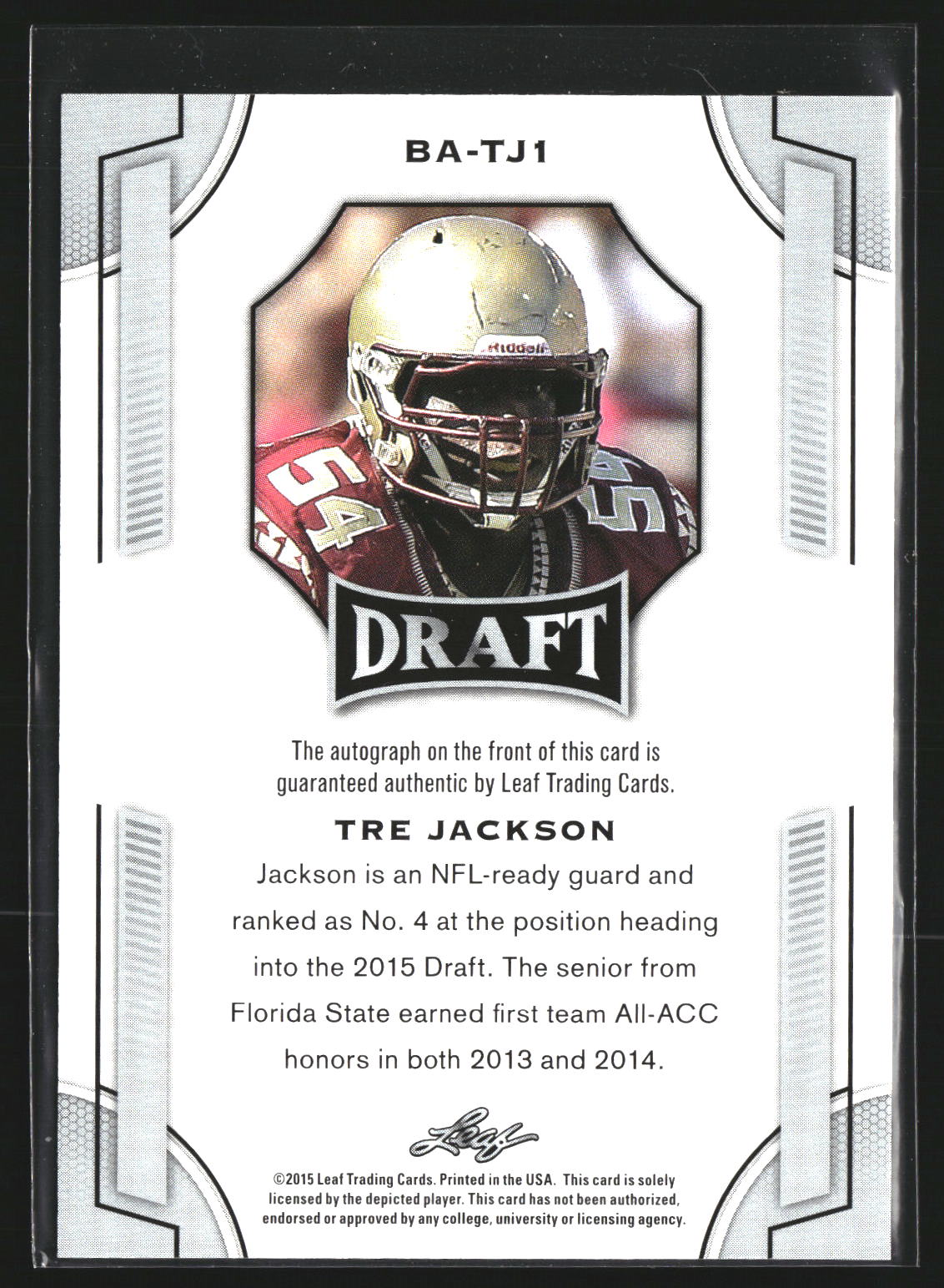 Tre Jackson 2015 Leaf Draft BA-TJ1 Autographs AU AU Florida State Seminoles