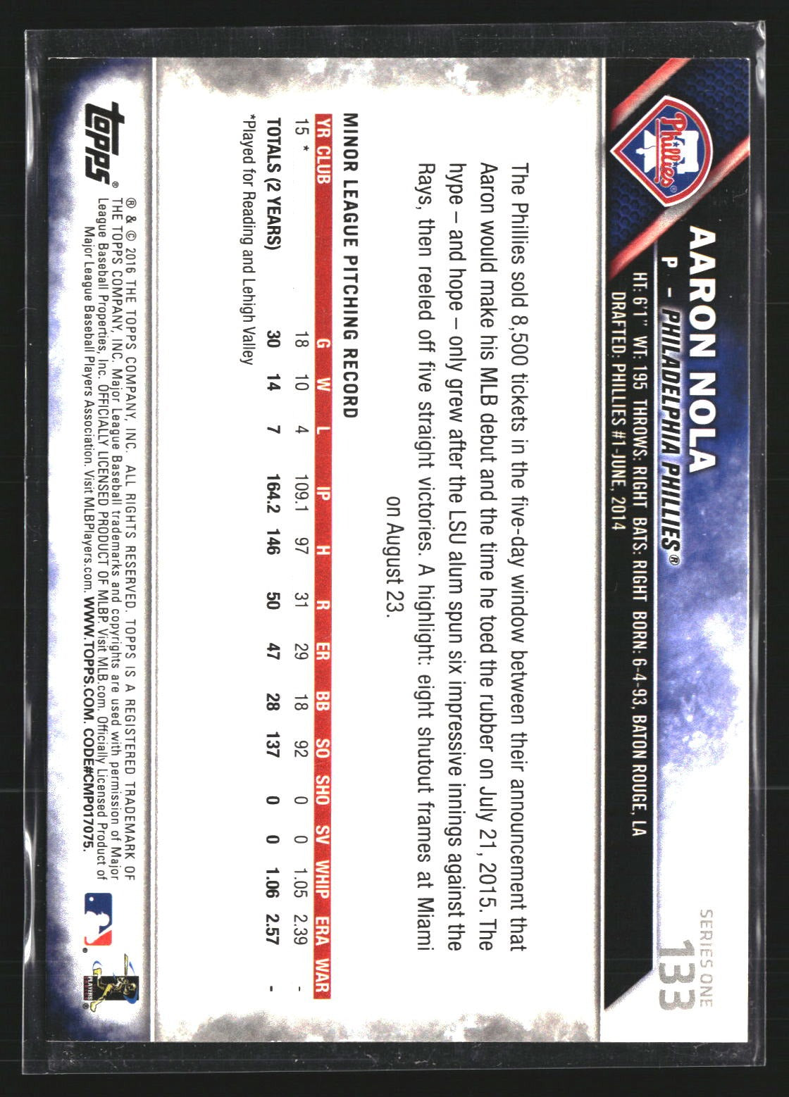 Aaron Nola 2016 Topps 133 RC RC Philadelphia Phillies