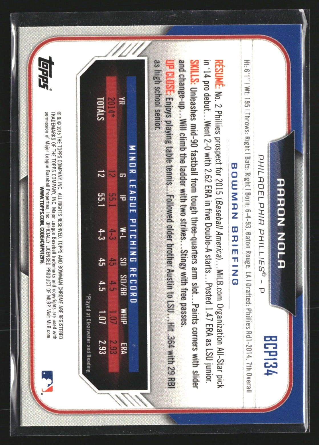 Aaron Nola 2015 Bowman BCP134 Chrome Prospects Philadelphia Phillies