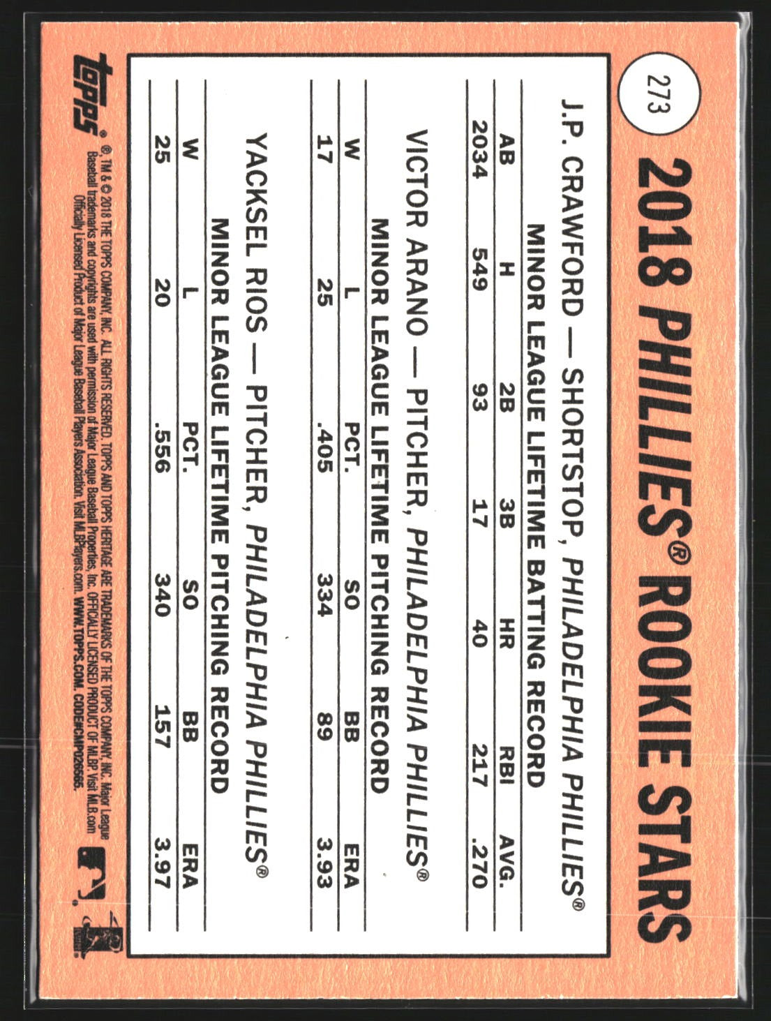 Phillies 2018 Rookie Star (Crawford/Arano/Rios) 2018 Heritage 273 RC Phillies
