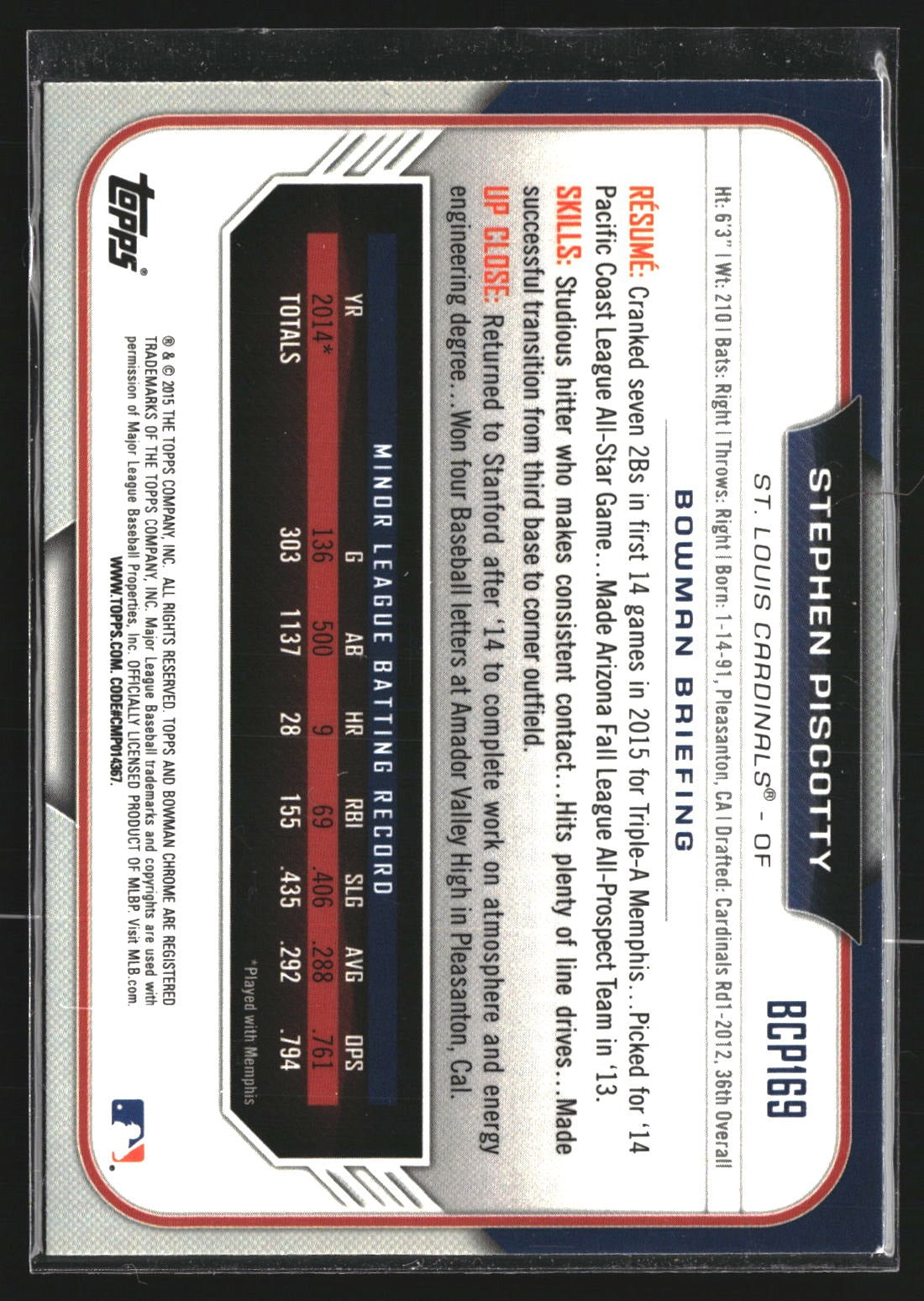 Stephen Piscotty 2015 Bowman Chrome BCP169 Prospects St. Louis Cardinals