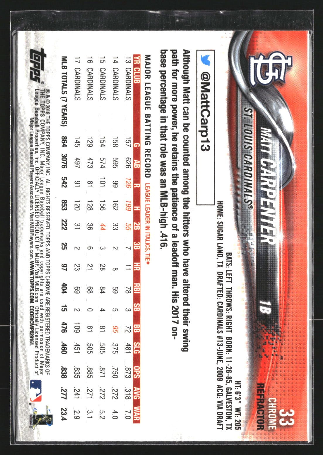 Matt Carpenter 2018 Topps Chrome 33 Pink Refractor St. Louis Cardinals