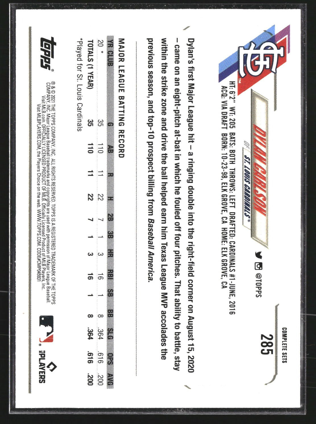 Dylan Carlson 2021 Topps 285 Factory Set Bonus: Rookie Image Variation Cardinals