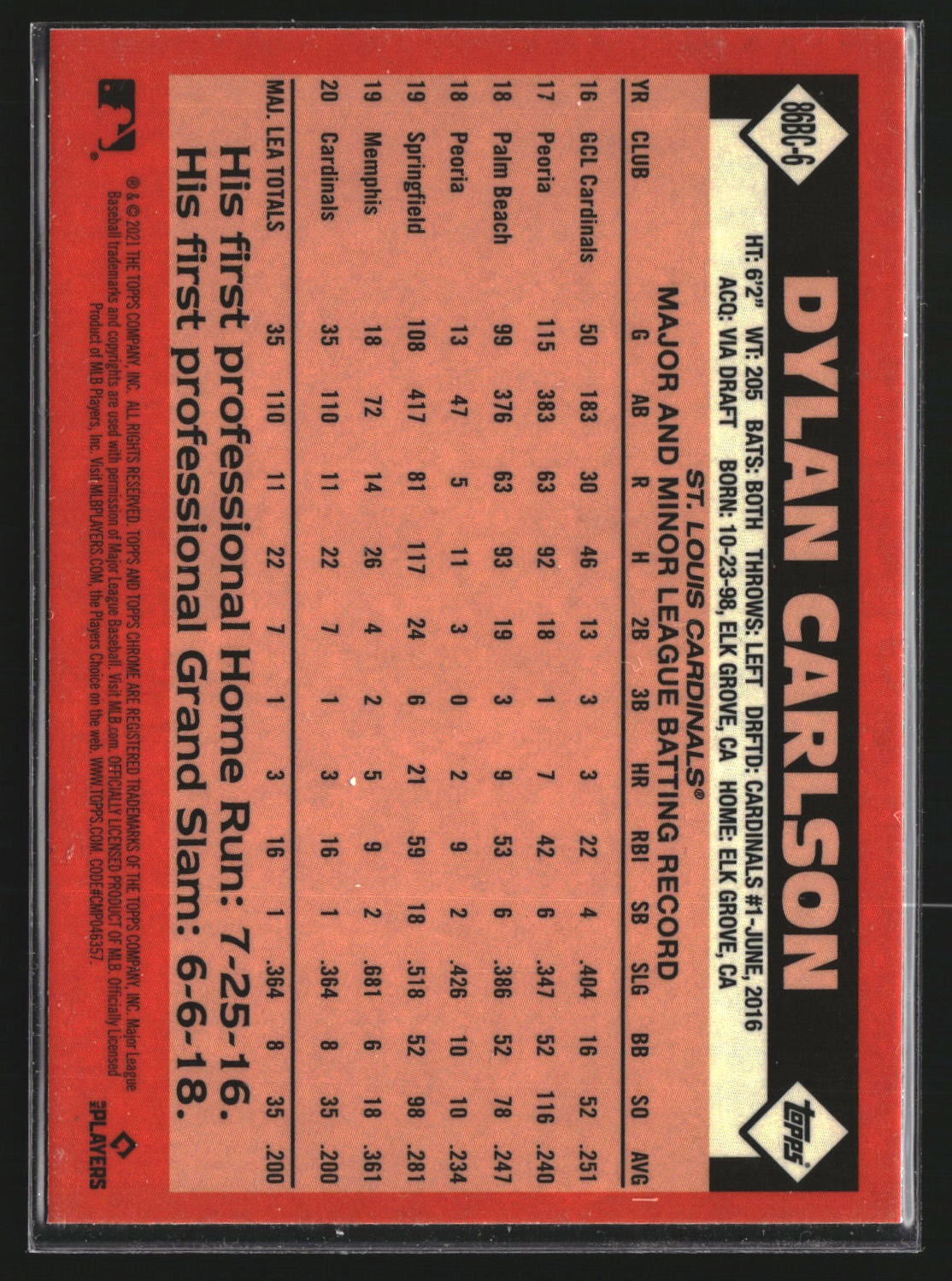 Dylan Carlson 2021 Topps Chrome 86BC-6 1986 Topps Baseball 35th Cardinals