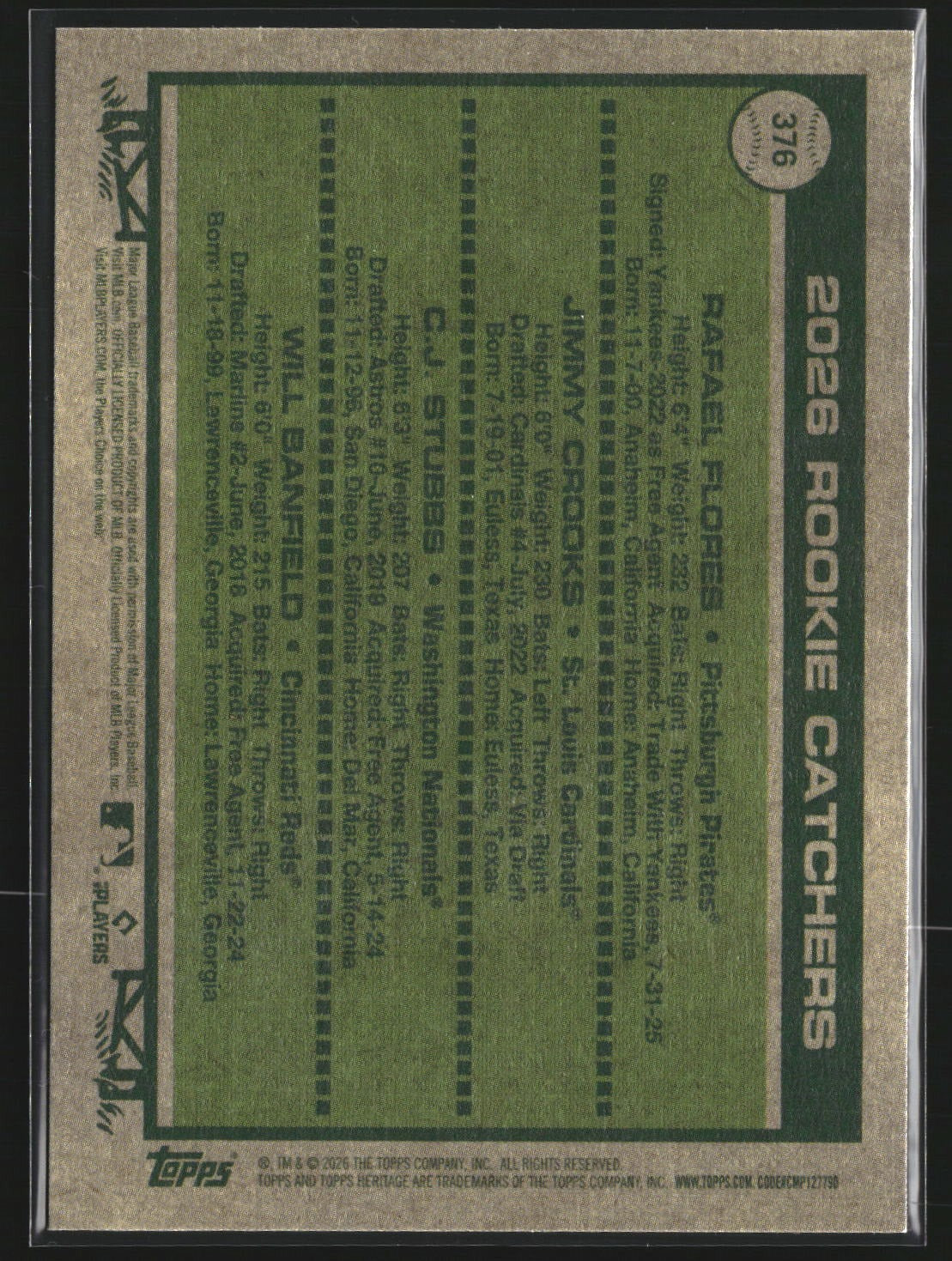 2026 Rookie Catchers (Flores/Crooks/Stubbs/Banfield) 2026 Topps Heritage 376 RC