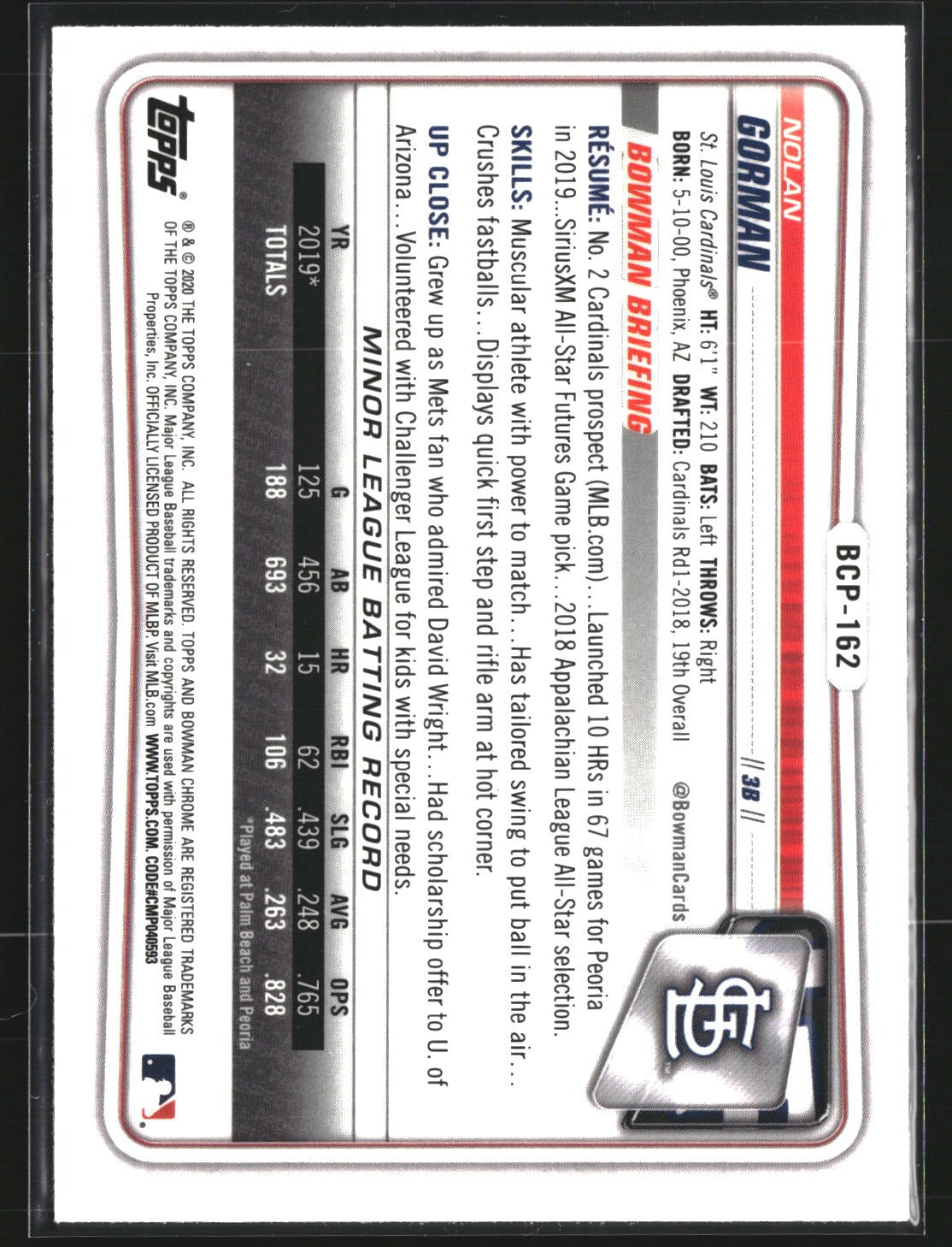 Nolan Gorman 2020 Bowman Chrome BCP-162 Prospects Mojo Refractor Cardinals