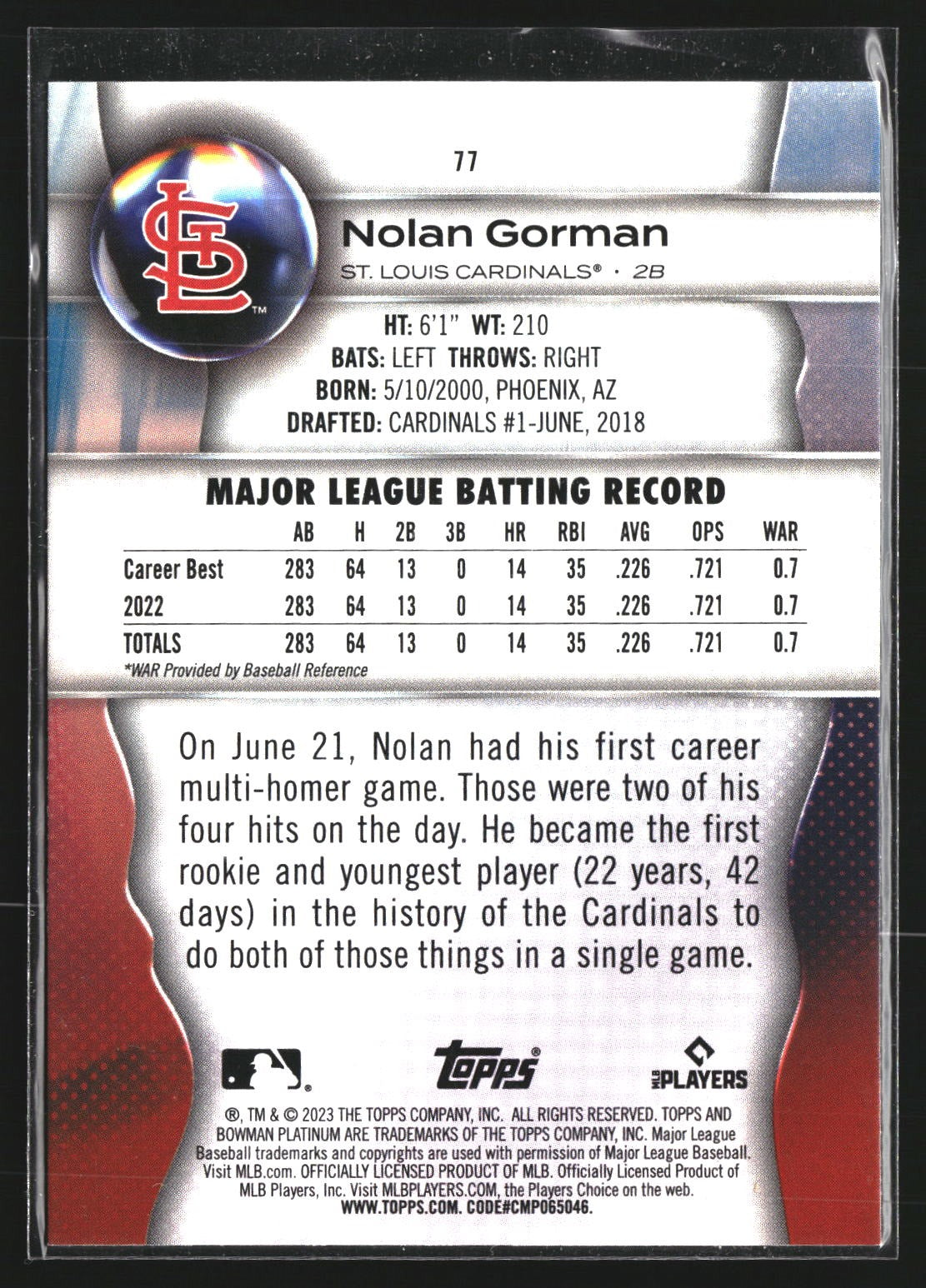 Nolan Gorman 2023 Bowman Platinum 77 Ice Foil RC RC St. Louis Cardinals