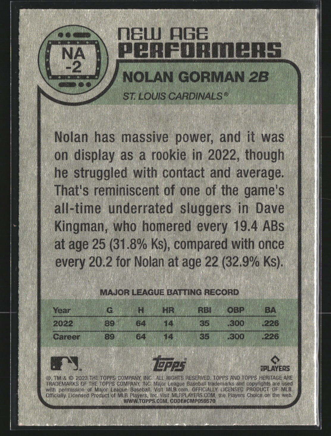Nolan Gorman 2023 Topps Heritage NA-2 New Age Performers St. Louis Cardinals