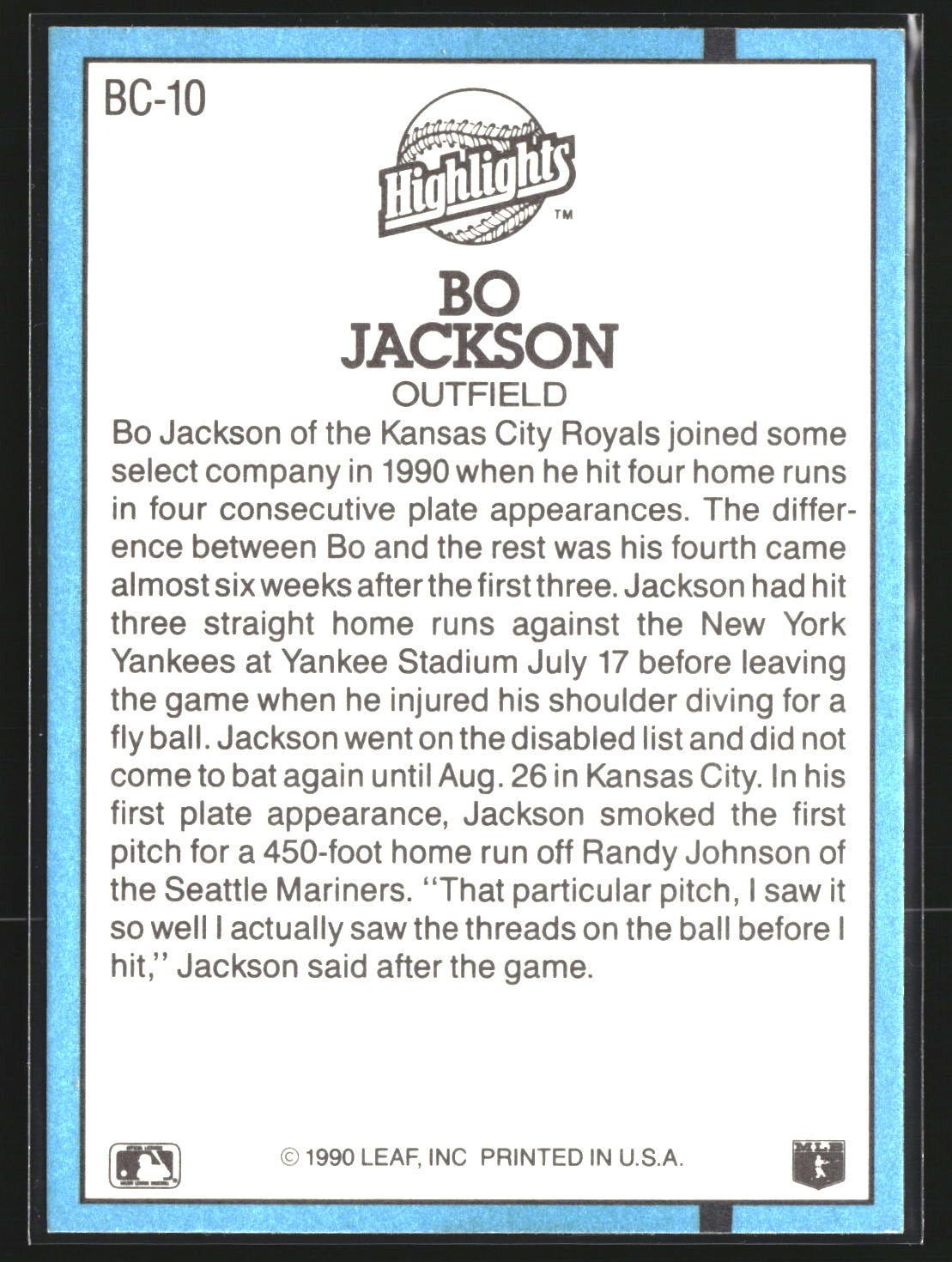 Bo Jackson 1991 Donruss BC-10 Bonus Cards Kansas City Royals