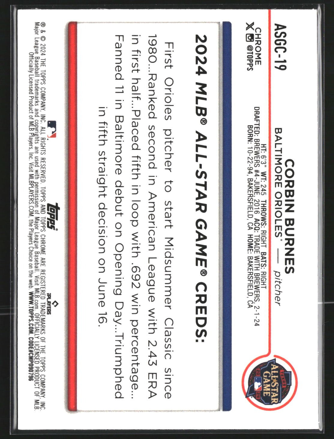 Corbin Burnes 2024 Topps Chrome Update ASGC-19 2024 All-Star Game Chrome Orioles