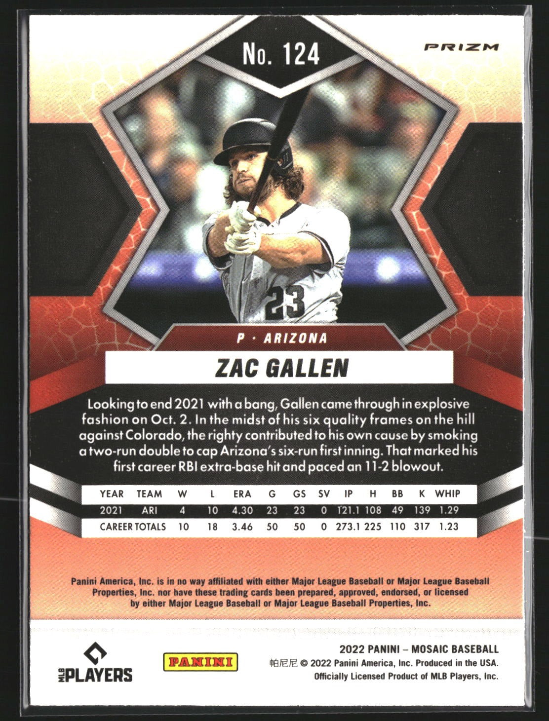 Zac Gallen 2022 Panini Mosaic 124 Silver Prizm Arizona Diamondbacks