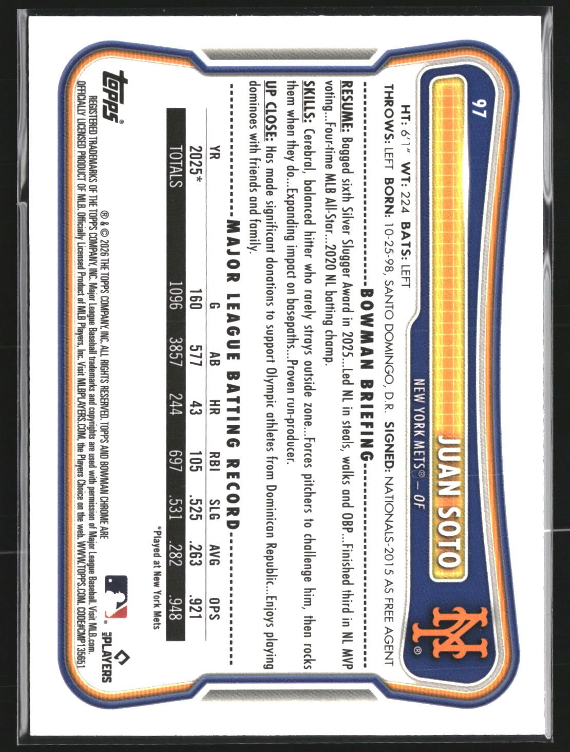 Juan Soto 2026 Bowman 97 Chrome Mojo Refractor New York Mets