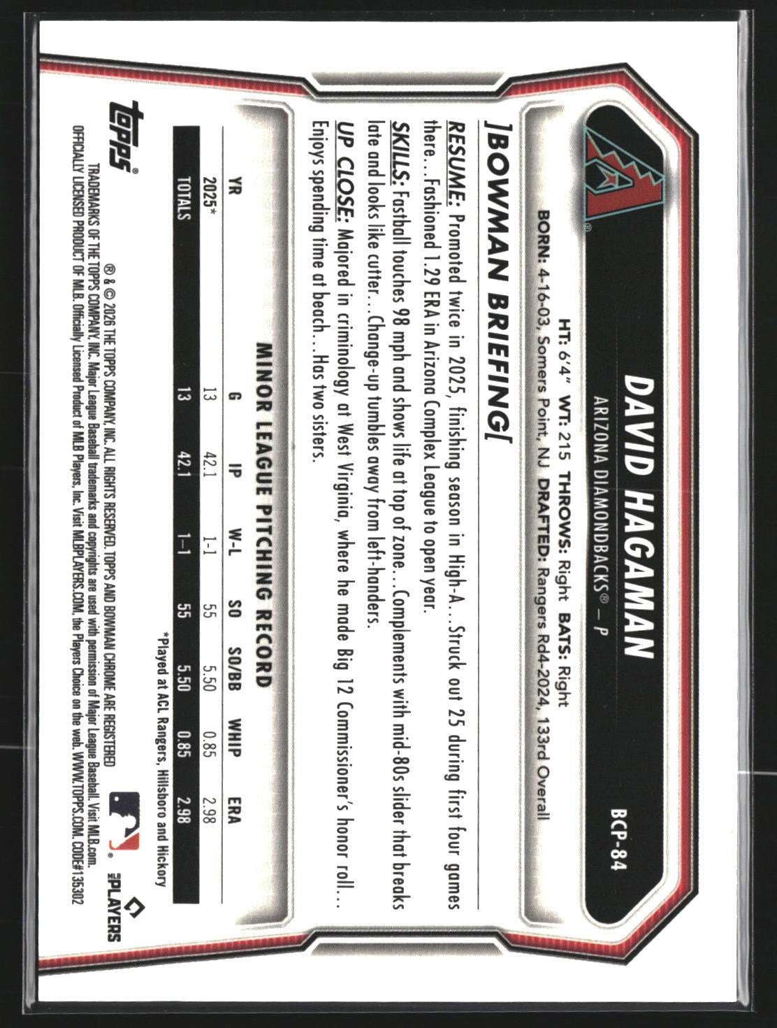 David Hagaman 2026 Bowman BCP-84 Chrome Prospect Reptilian Refractor Diamondback