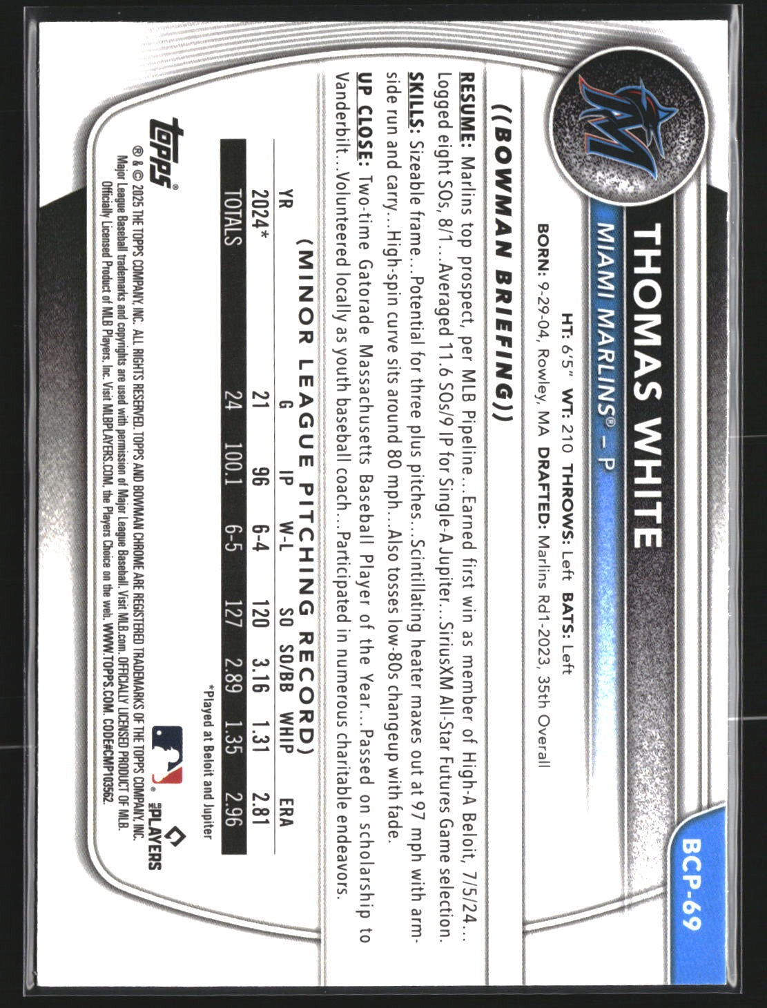 Thomas White 2025 Bowman BCP-69 Chrome Prospects Mojo Refractor Miami Marlins