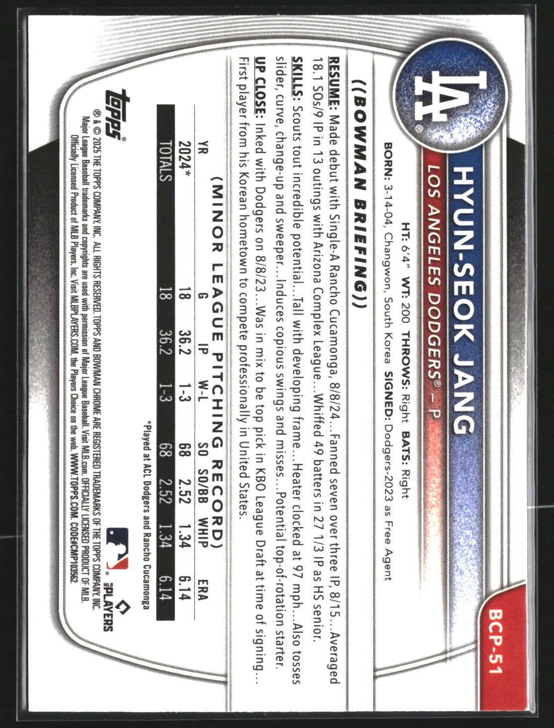 Hyun-Seok Jang 2025 Bowman BCP-51 Chrome Prospects Mojo Refractor Dodgers