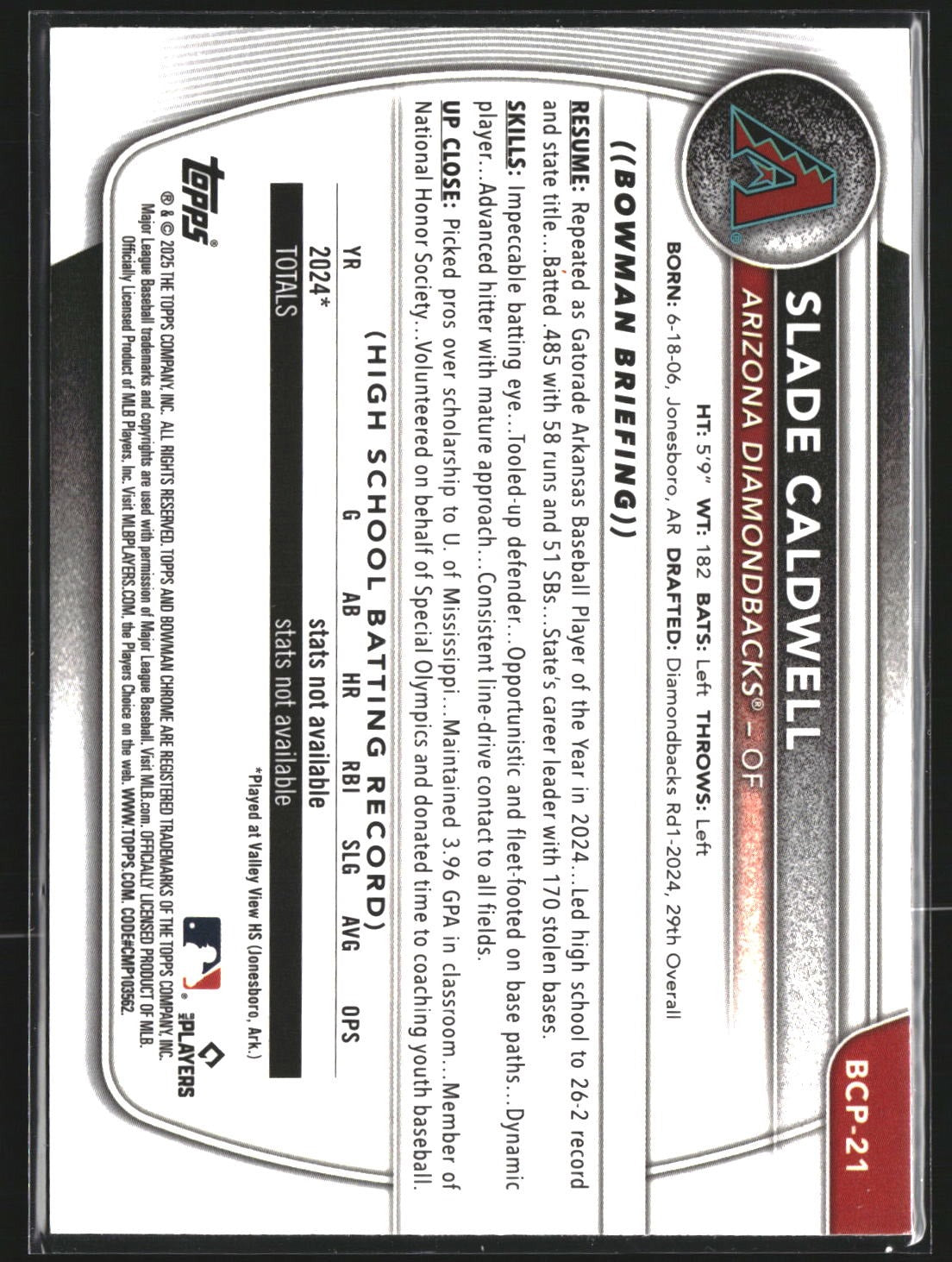 Slade Caldwell 2025 Bowman BCP-21 Chrome Prospects Mojo Refractor Diamondbacks