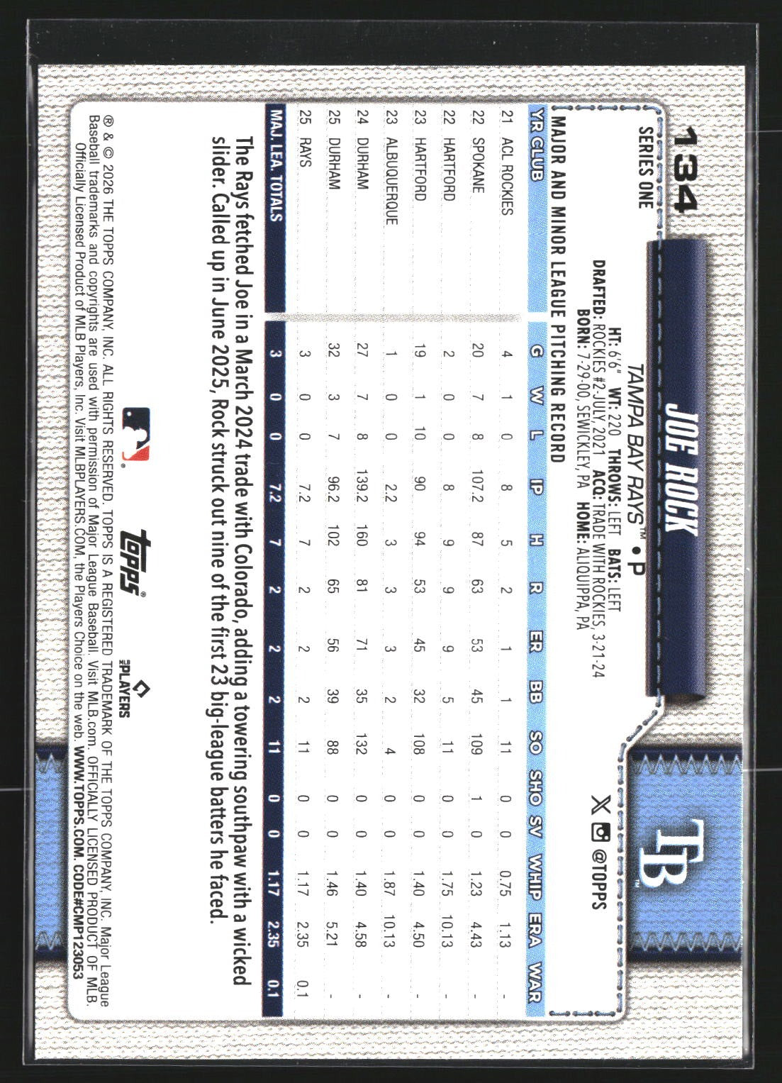 Joe Rock 2026 Topps 134 Confetti RC RC Tampa Bay Rays