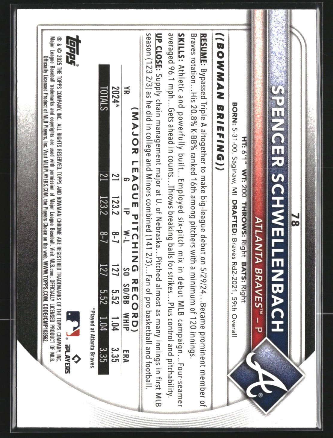 Spencer Schwellenbach 2025 Bowman 78 Chrome Mojo Refractor RC RC Atlanta Braves