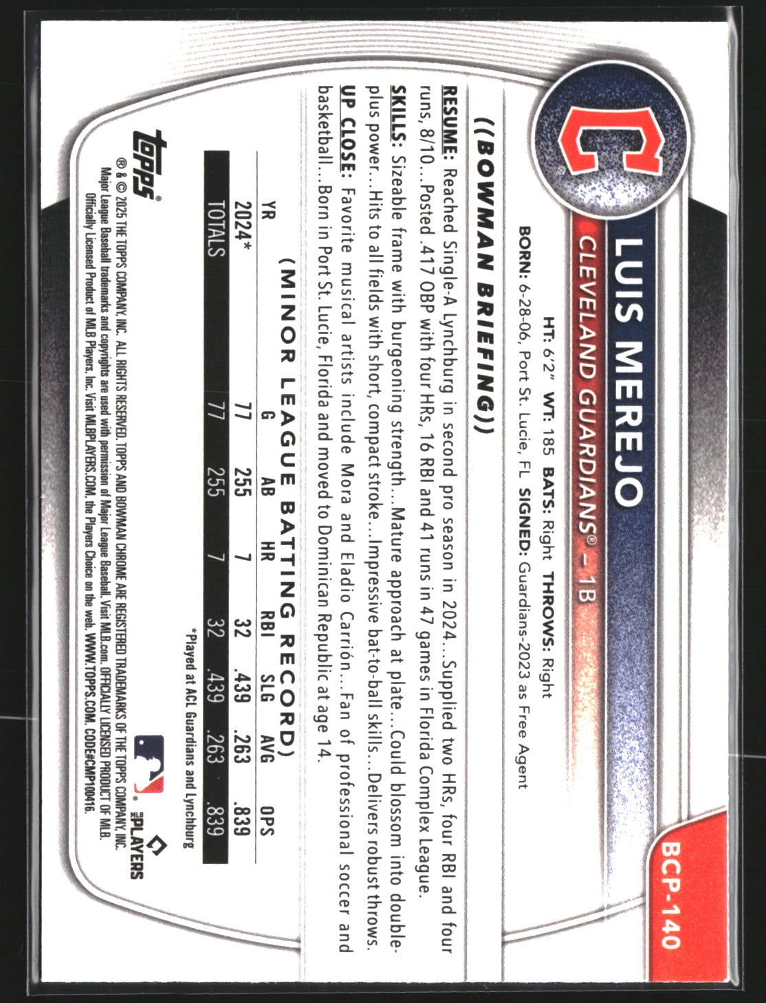 Luis Merejo 2025 Bowman BCP-140 Chrome Prospects Reptilian Refractor Guardians