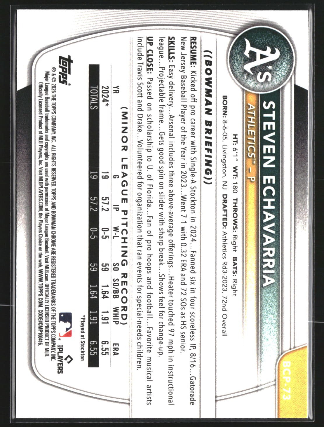 Steven Echavarria 2025 Bowman BCP-73 Chrome Prosp Reptilian Refractor Athletics