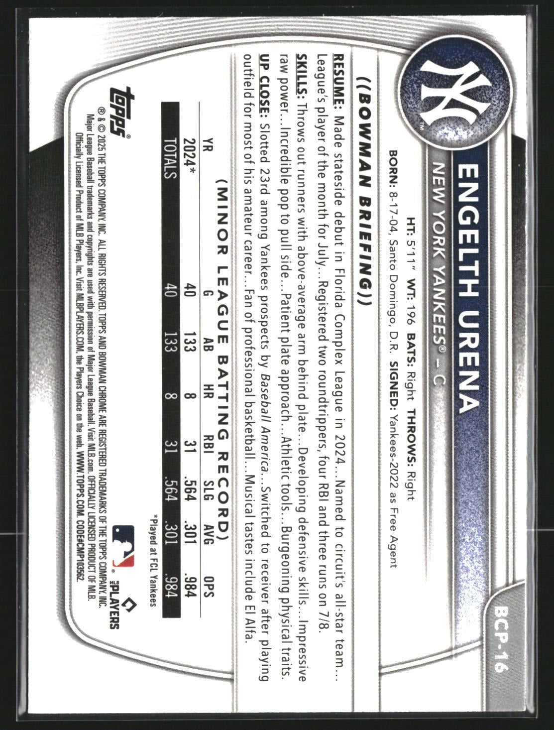 Engelth Urena 2025 Bowman BCP-16 Chrome Prospects Mojo Refractor New York Yankee
