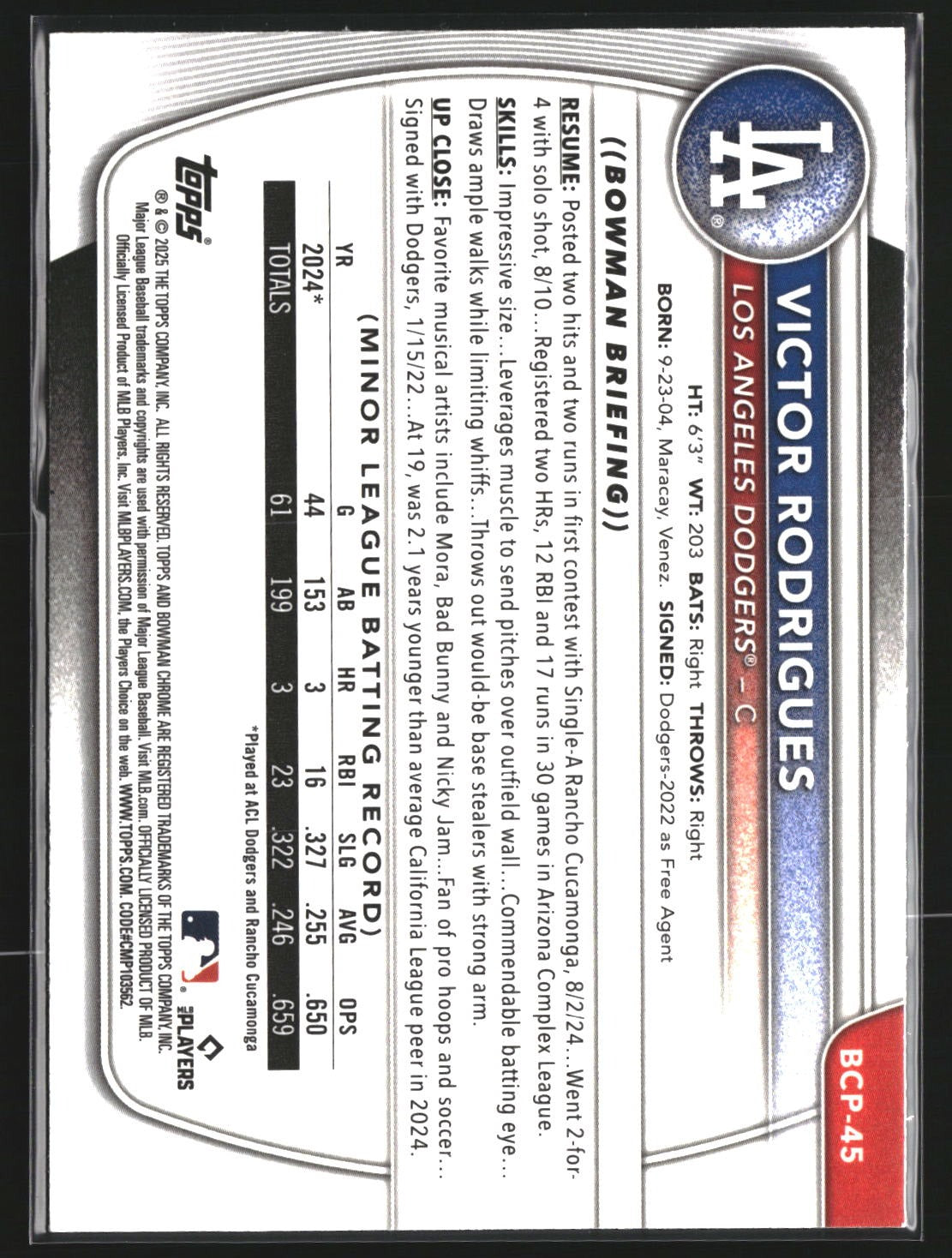 Victor Rodrigues 2025 Bowman BCP-45 Chrome Prospects Mojo Refractor Dodgers
