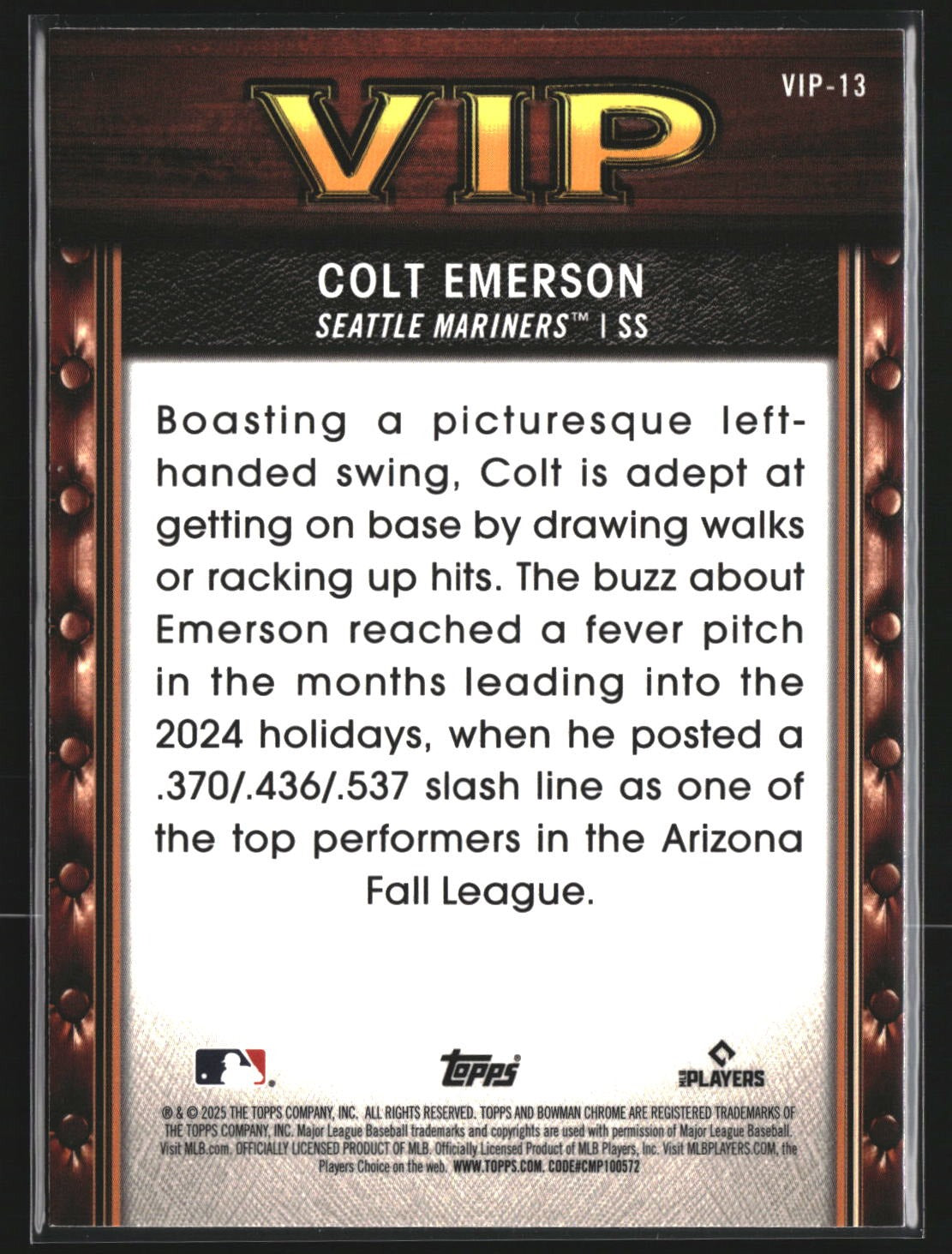 Colt Emerson 2025 Bowman VIP-13 Very Important Prospects Seattle Mariners