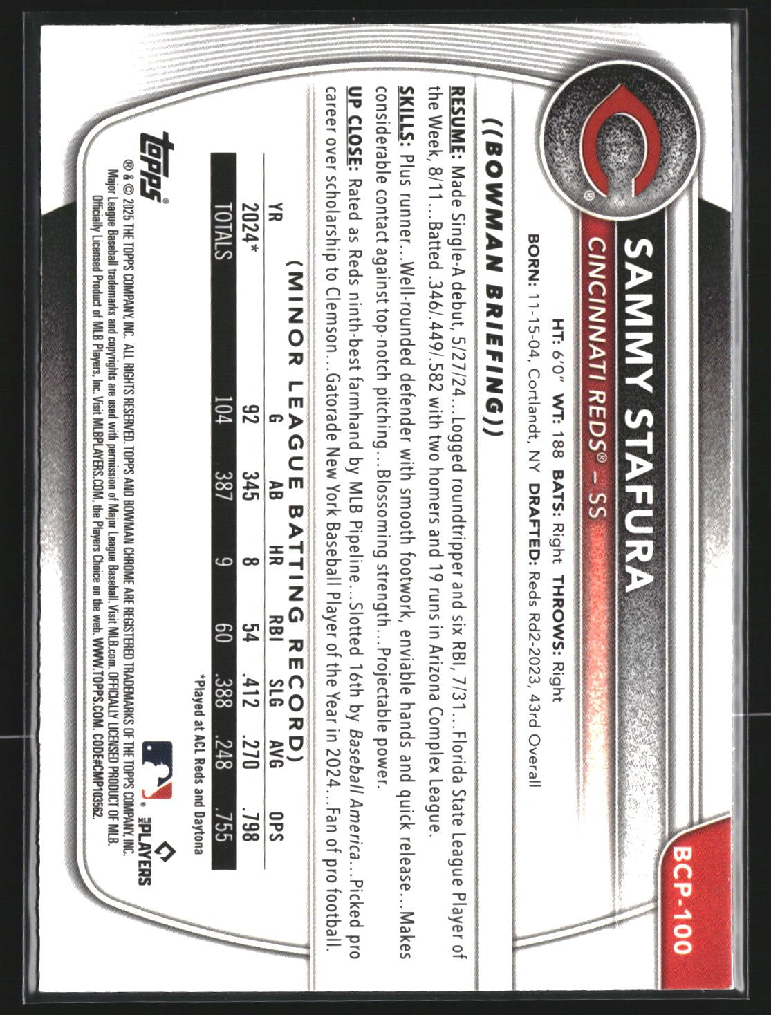 Sammy Stafura 2025 Bowman BCP-100 Chrome Prospect Mojo Refractor Cincinnati Reds