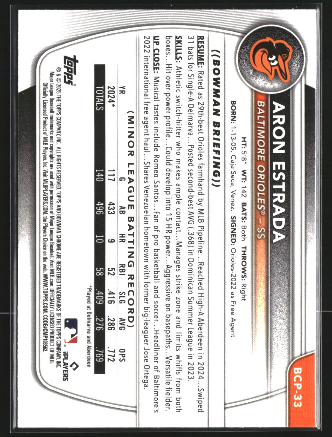 Aron Estrada 2025 Bowman BCP-33 Chrome Prospects Mojo Refractor Baltimore Oriole