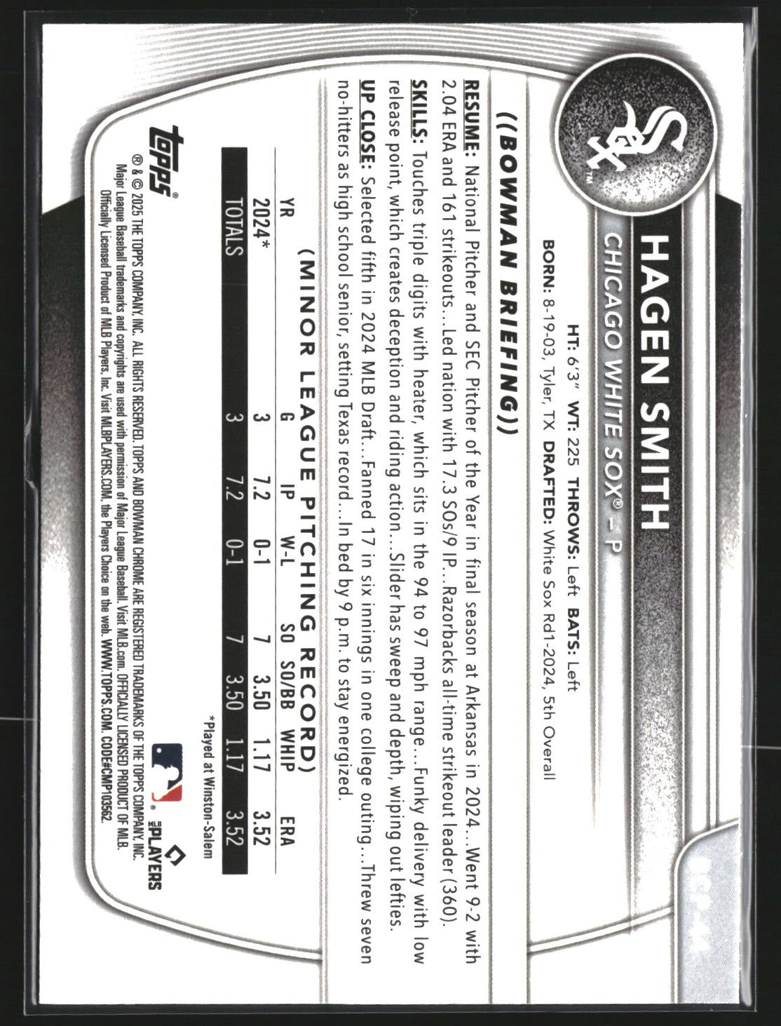 Hagen Smith 2025 Bowman BCP-44 Chrome Prospects Mojo Refractor Chicago White Sox