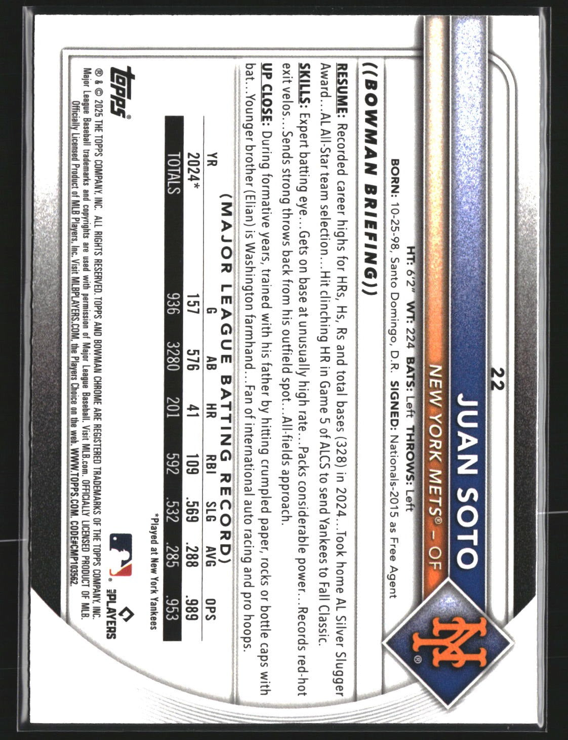 Juan Soto 2025 Bowman 22 Chrome Mojo Refractor New York Mets