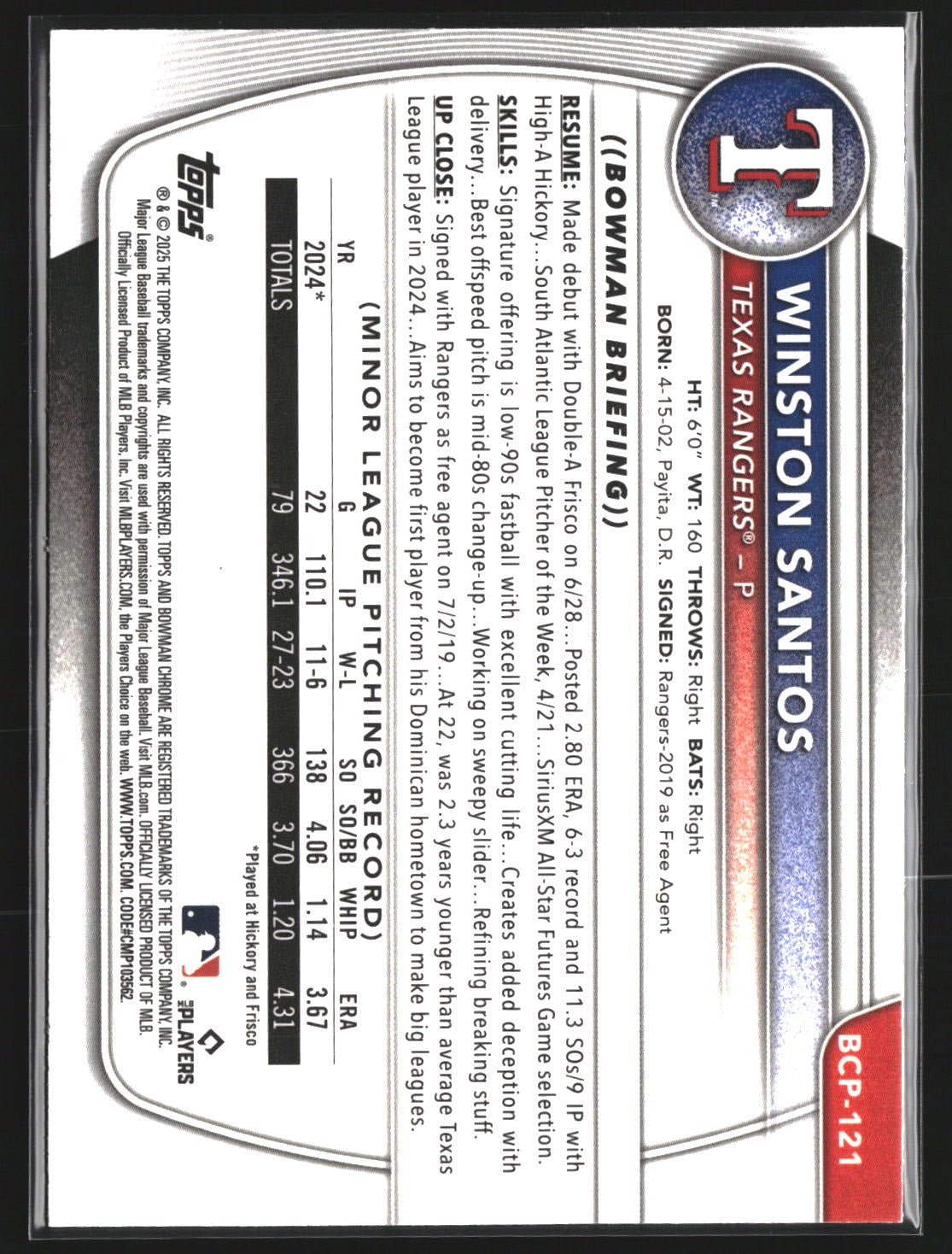 Winston Santos 2025 Bowman BCP-121 Chrome Prospects Mojo Refractor Texas Ranger