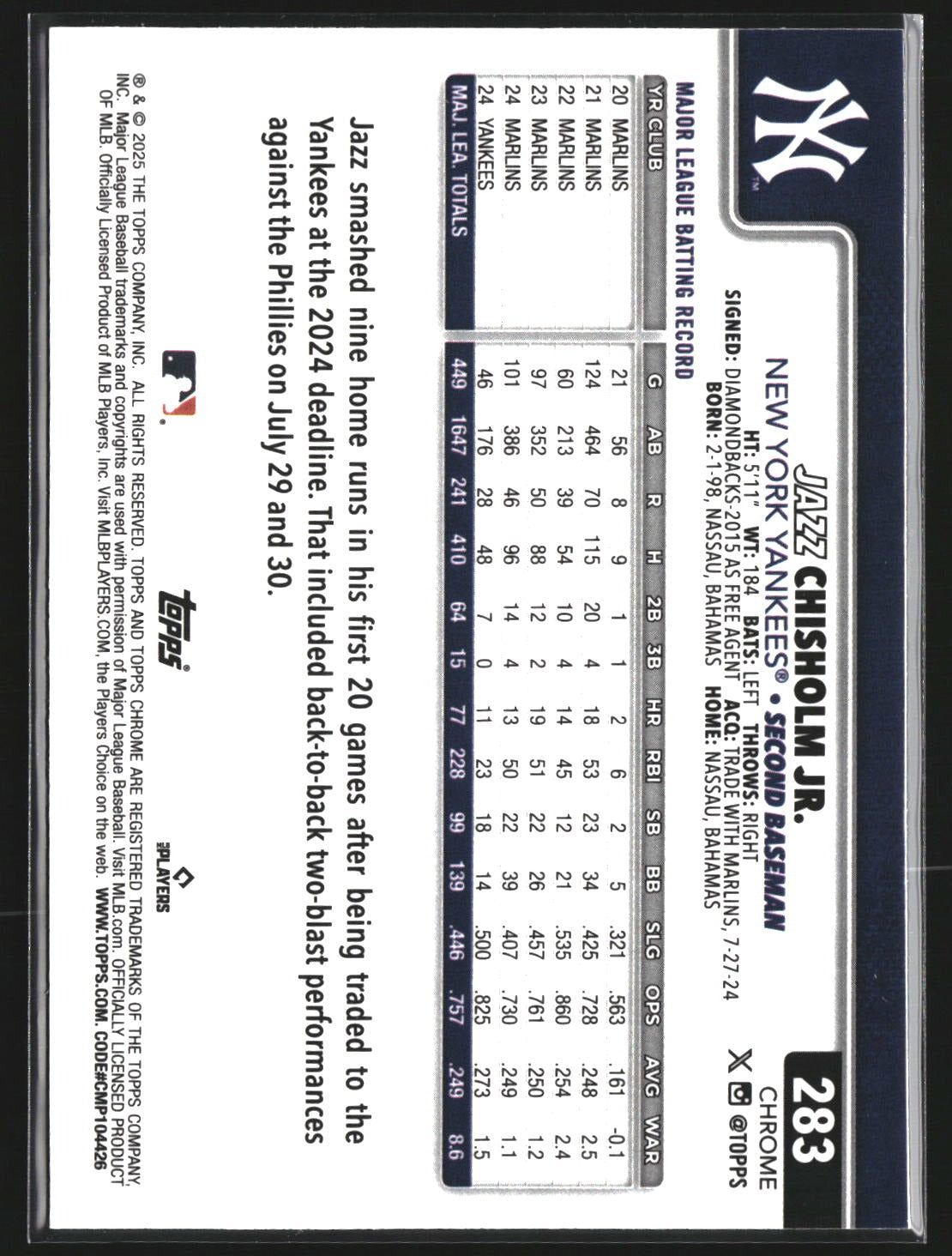 Jazz Chisholm Jr. 2025 Topps Chrome 283 X-Fractors New York Yankees
