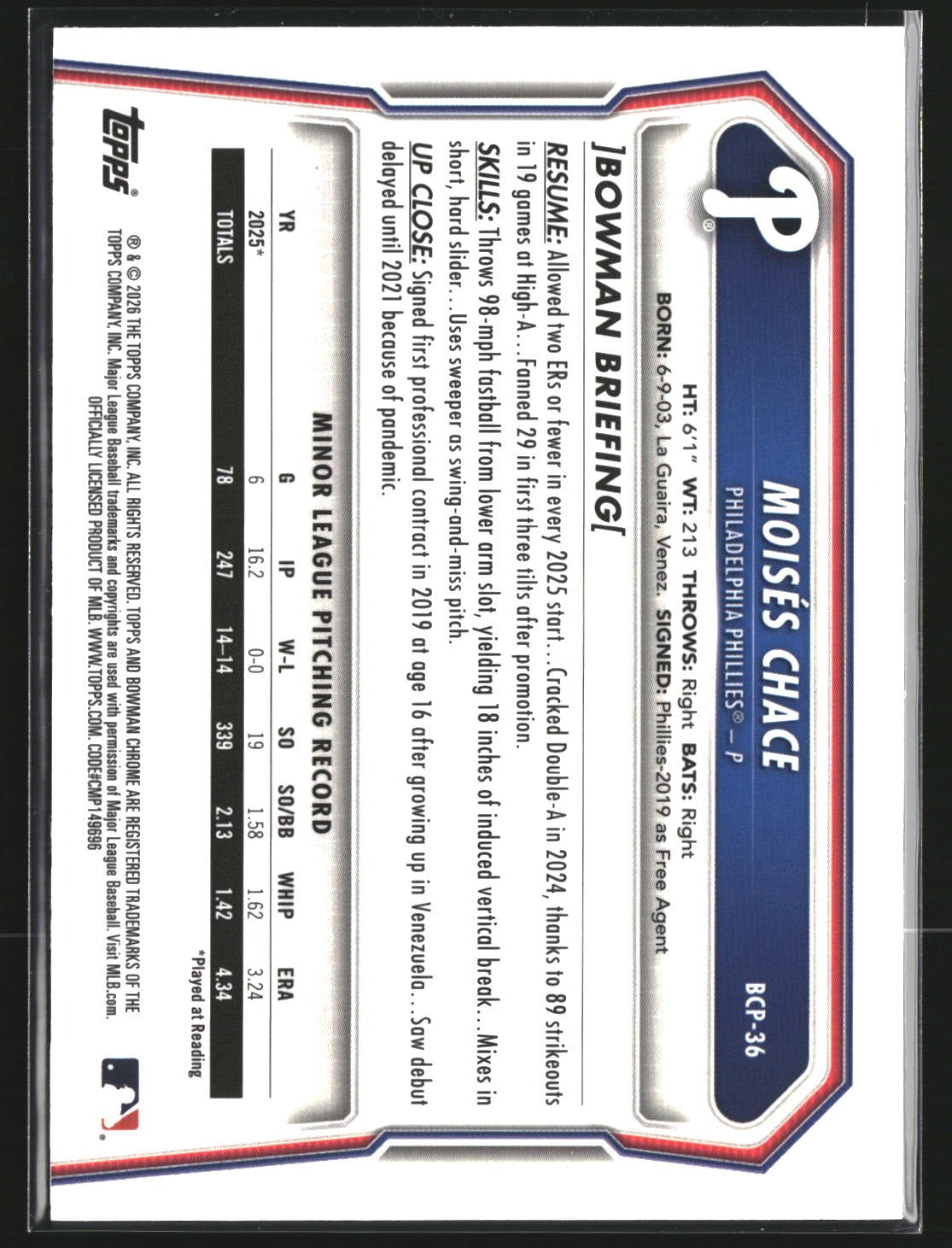 Moisés Chace 2026 Bowman BCP-36 Chrome Prospects Mojo Refractor Phillies