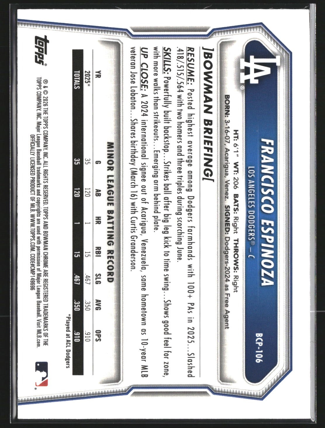 Francisco Espinoza 2026 Bowman BCP-106 Chrome Prospects Mojo Refractor Dodgers